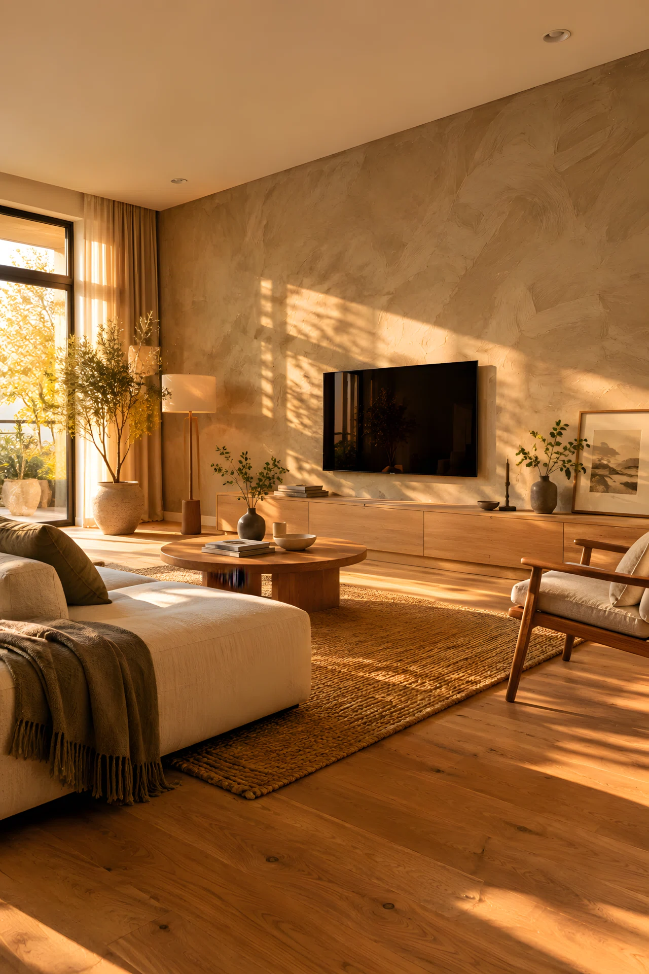 Wide-angle real-life photograph of a Japandi living room featuring one textured limewash accent wall with visible brush strokes, warm afternoon sunlight streaming in low and golden from a side window highlighting the wall's texture, minimal wood furniture, natural oak floor, dramatic wide camera angle, vibrant warm tones, stock photography style, no people.