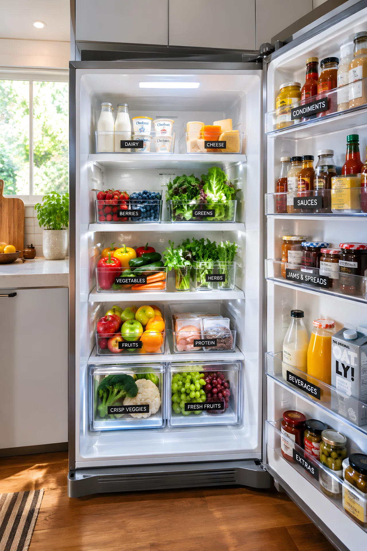 Wide-angle real-life photograph of an open refrigerator interior in a modern kitchen, clear plastic bins neatly organized by category holding dairy, fresh produce in vibrant greens and reds, and condiment jars, labels visible on each bin, bright natural light spilling in from a nearby window mixing with the fridge's internal light, vibrant fresh produce colors popping against clean white shelving, no people in frame, stock-photography style, dramatic wide angle capturing the whole open fridge and part of the kitchen counter beside it, tidy and organized styling throughout.