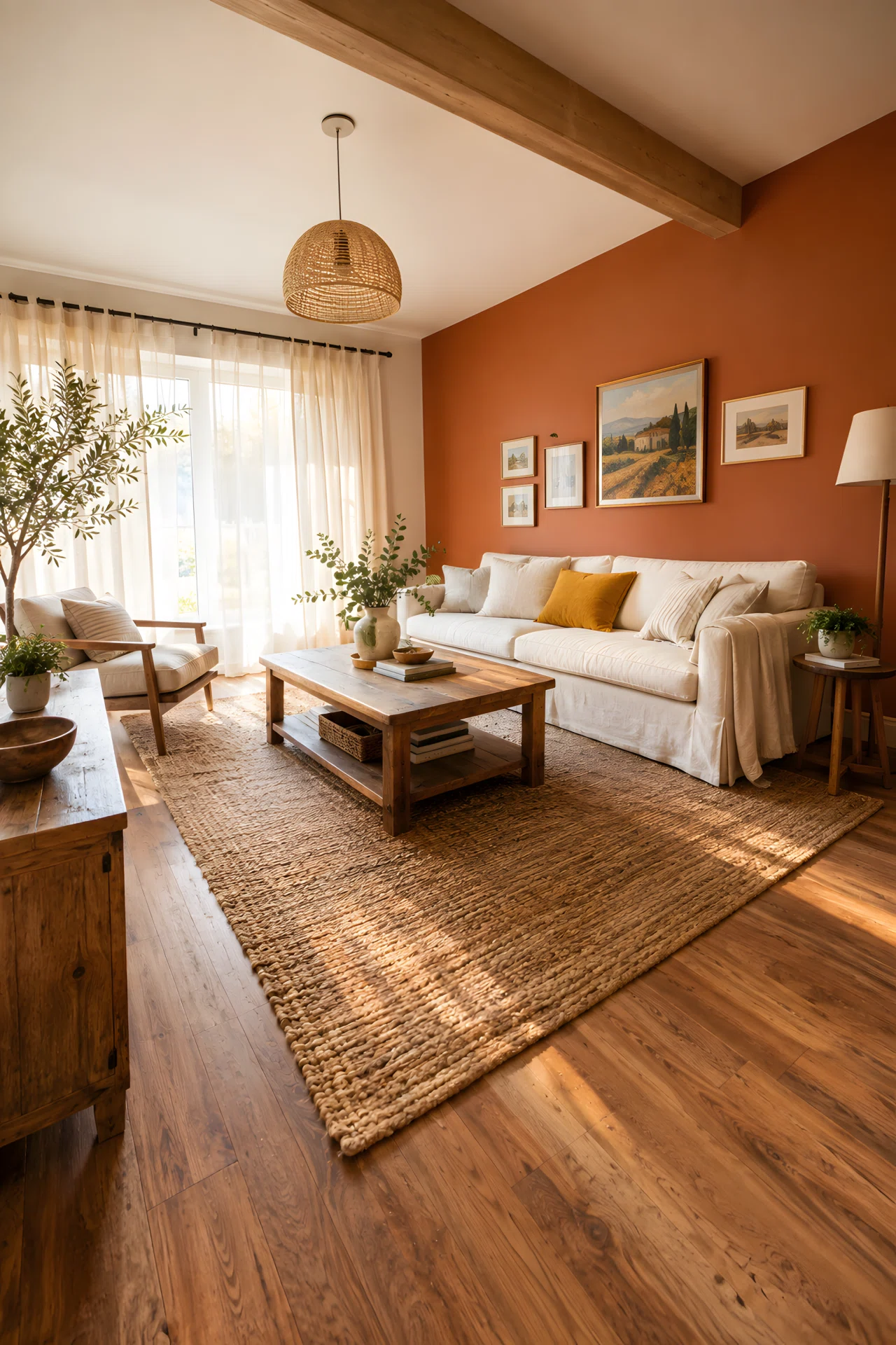 Wide-angle real-life photo of a farmhouse living room with one accent wall painted in warm terracotta clay tone (RGB 181,101,72). Cream linen sofa against the clay wall, jute rug on wood floor, sheer curtains letting in bright natural light. Vibrant mustard throw pillow. Full room wide camera angle, dramatic perspective, no people, photographic realistic style, not a 3D render.