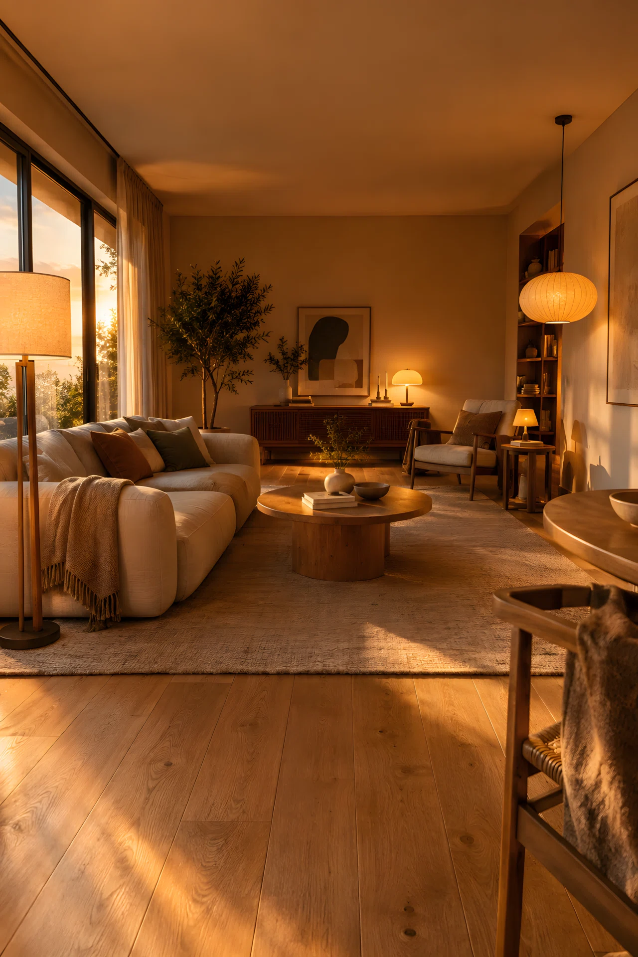 Wide-angle real-life photograph of a Japandi living room at golden hour, three light sources at different heights: a floor lamp glowing beside a low sofa, a small table lamp near a reading chair, and a pendant light offset to one side above a side table, warm ambient glow pooling across natural oak floor and linen textures, dramatic wide camera angle, vibrant golden tones, stock photography style, no people.
