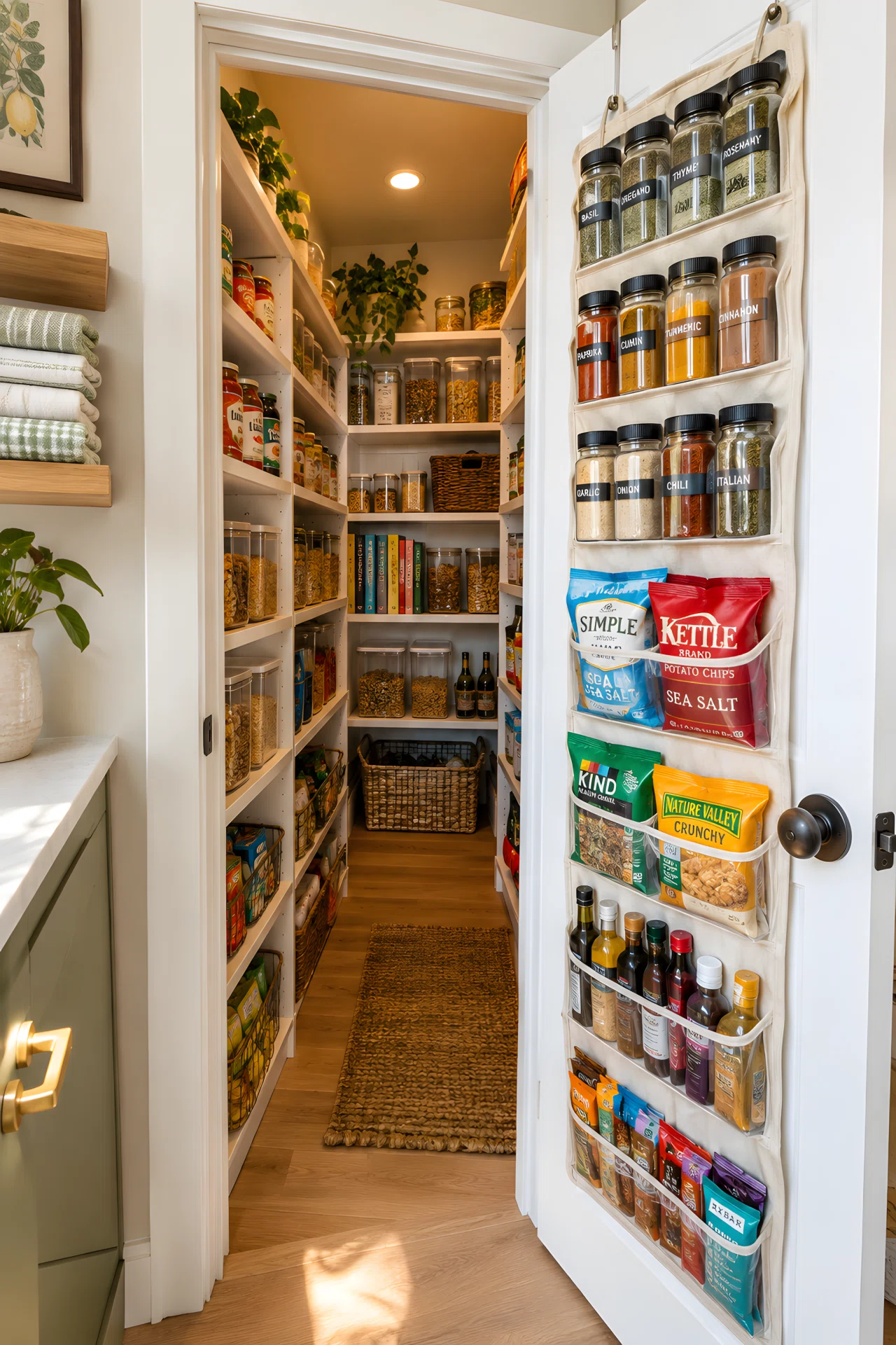 Wide-angle real-life photograph of a small narrow pantry closet with the door open, a fabric over-the-door organizer with clear pockets neatly filled with spice jars, snack bags, and small bottles, folded kitchen towels visible on a nearby shelf, warm bright natural light entering from an unseen side window, vibrant colors from the labeled jars and snack packaging, shelving behind the door softly visible and tidy, no people in frame, stock-photography style with a dramatic wide angle showing the full pantry depth, clean and organized overall look.