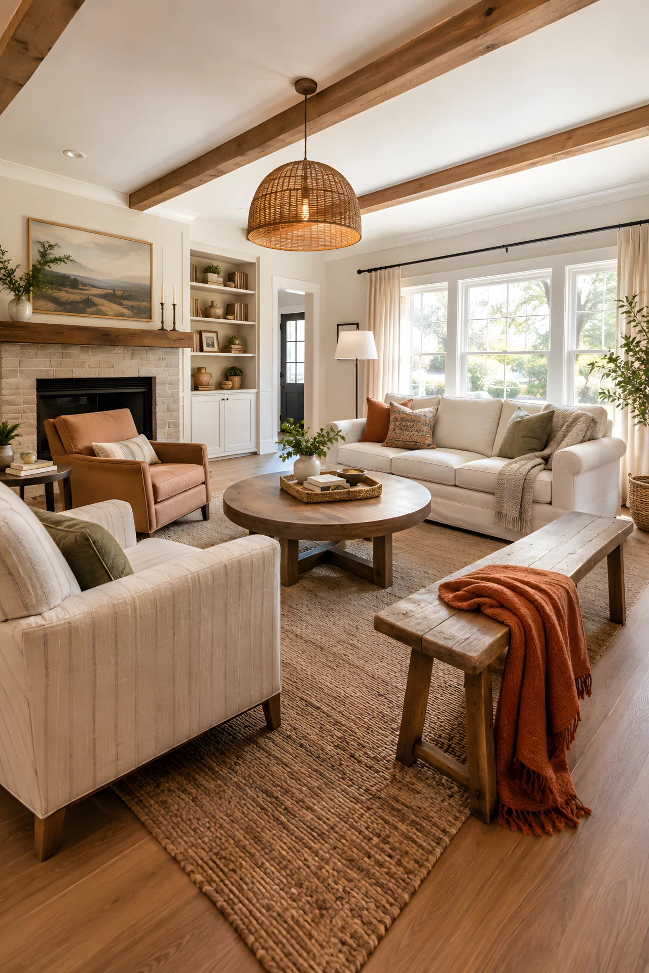 Wide-angle real-life photo of a farmhouse living room arranged for a family gathering. Neutral loveseat, two mismatched linen accent chairs, and a low wooden bench forming a cozy conversation circle around a round coffee table. Warm wool rug underneath. Bright natural window light. Vibrant rust-orange throw blanket draped on the bench. Full-room wide angle, dramatic perspective, no people, photographic stock-photo style, not illustration.