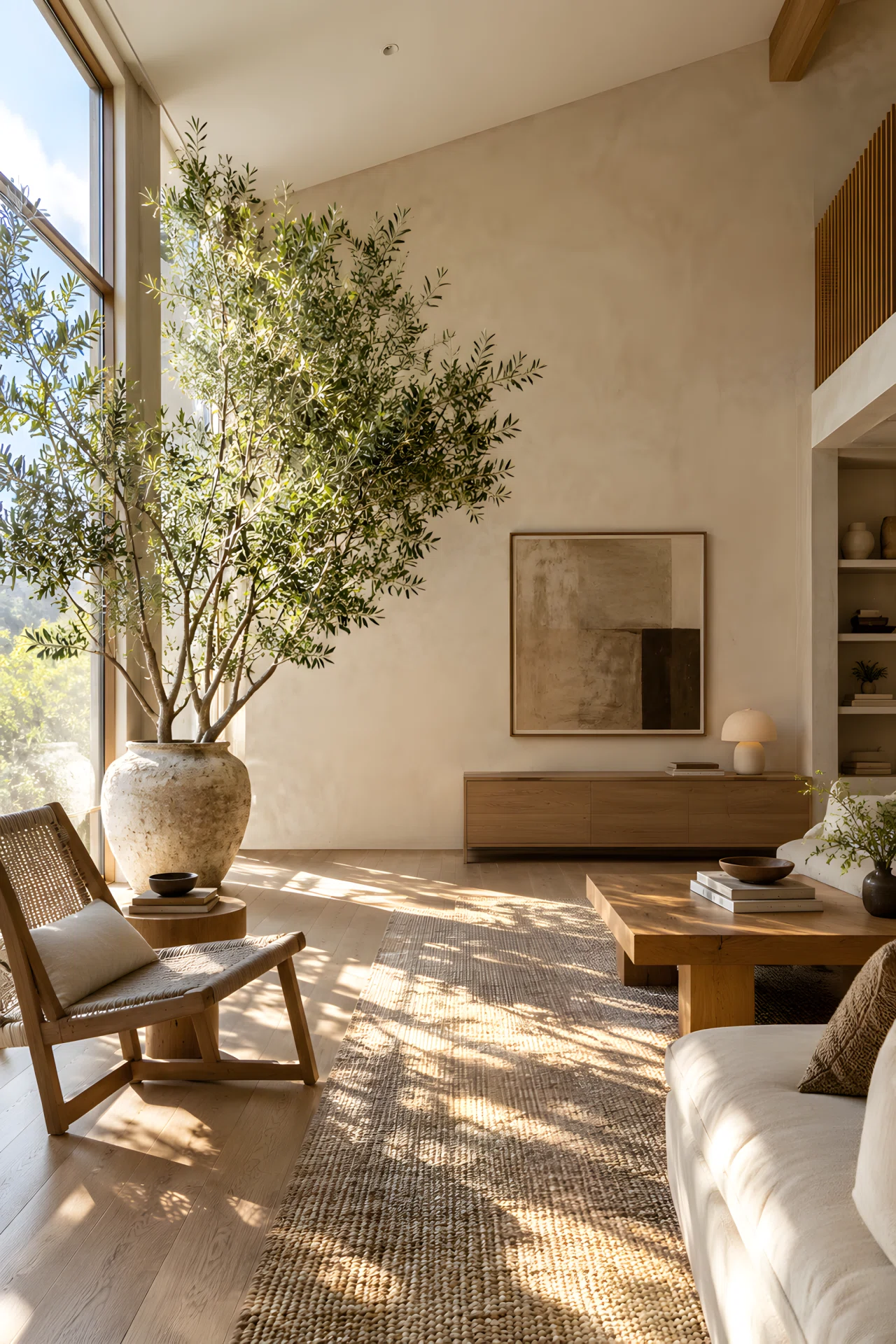 Wide-angle real-life photograph of a Japandi living room corner with one large potted olive tree reaching toward a tall window, soft natural daylight falling directly onto the leaves from the side, minimal low wood furniture nearby, warm neutral tones, dramatic wide camera angle capturing the full room, vibrant natural greens, stock photography style, no people.