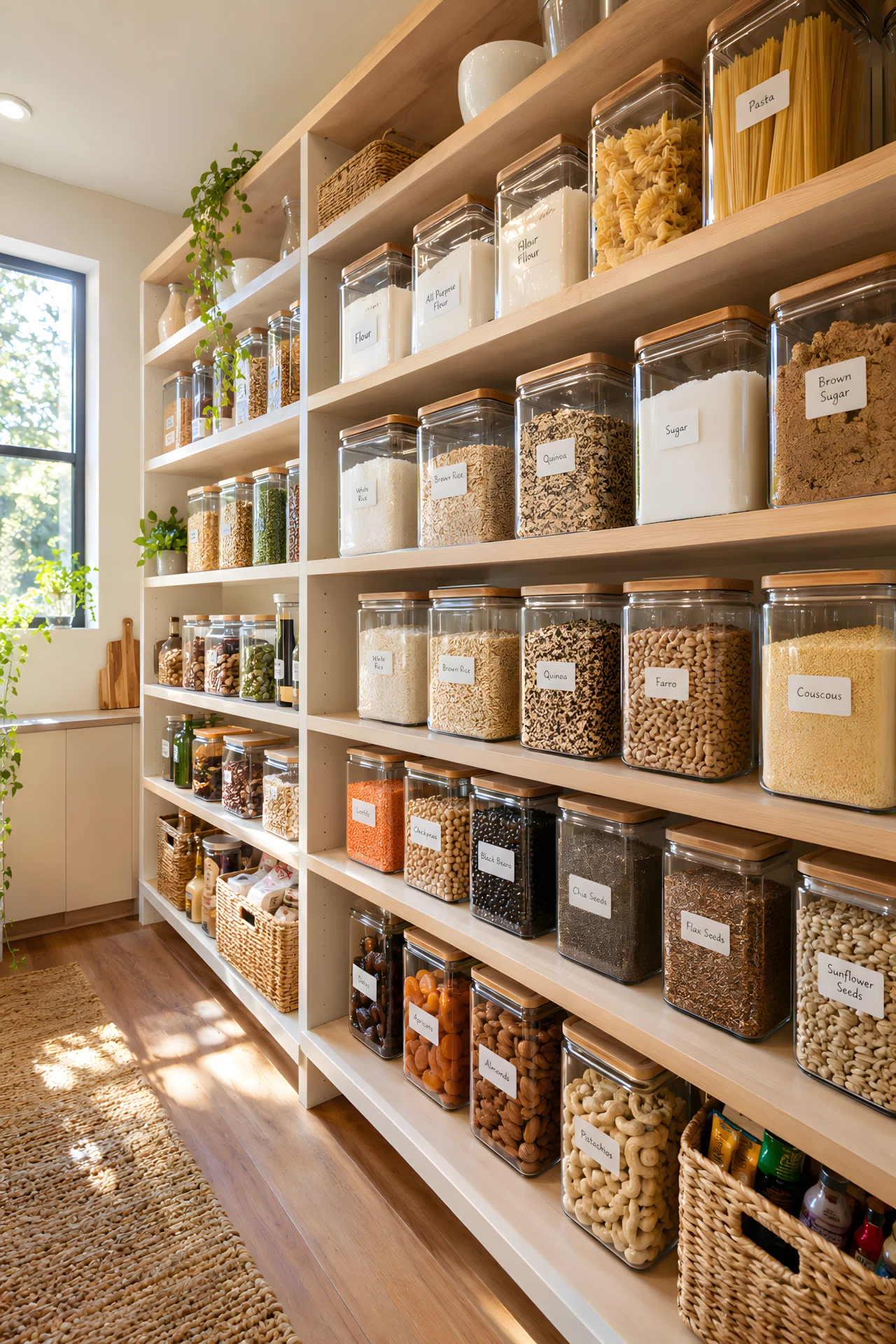 Wide-angle real-life photograph of open pantry shelves filled with matching square glass canisters holding flour, rice, pasta, and grains in visible vibrant colors, small handwritten labels on each canister, soft bright natural light coming from an angled side window, wicker baskets on a lower shelf for less uniform items, no people in frame, stock-photography style shot from a slightly low dramatic wide angle to show the full shelving run, everything neatly arranged and clean.