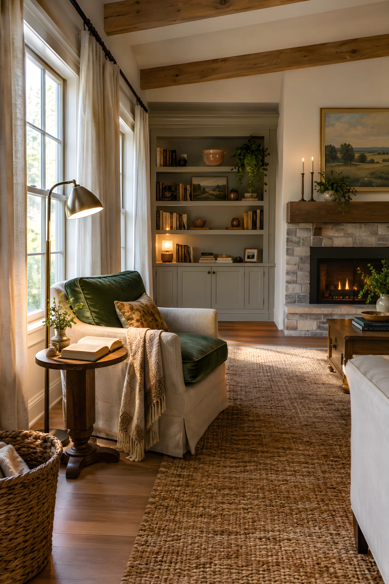 Wide-angle real-life photo of a farmhouse living room reading corner. Warm floor lamp positioned directly beside a linen accent chair, light angled downward at shoulder height casting a soft warm glow on an open book on the side table, rest of the room in gentle natural daylight from a window. Vibrant deep green velvet chair cushion. Full room wide camera angle, dramatic perspective, no people, photographic realistic style, not a 3D render.