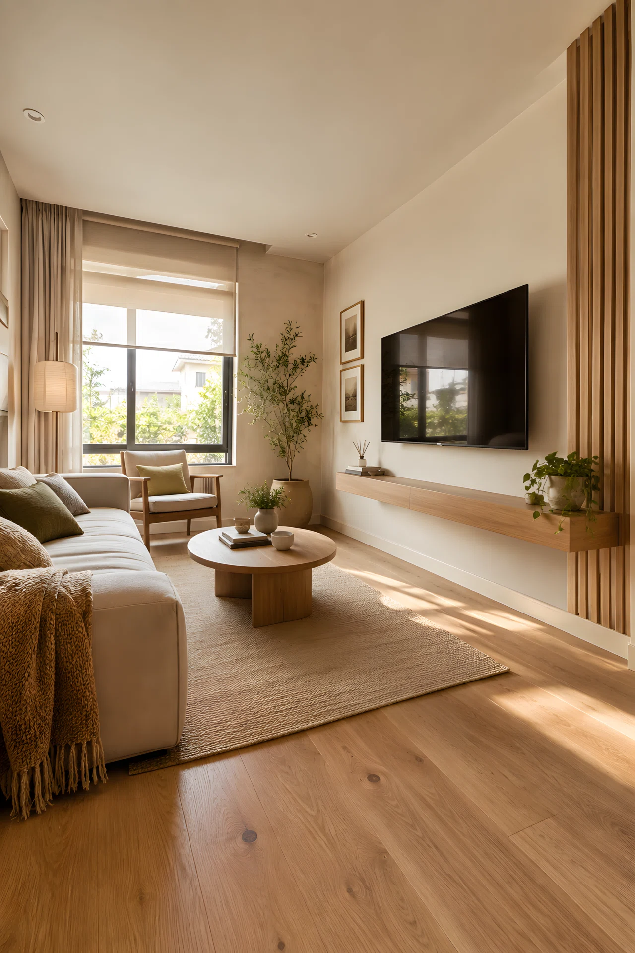 Wide-angle real-life photograph of a small Japandi living room with a slim floating wood shelf mounted under a wall-mounted TV, open floor space below, low sofa and natural oak flooring, soft daylight from a nearby window, dramatic wide camera angle showing the full compact room, vibrant warm neutral tones, stock photography style, no people.