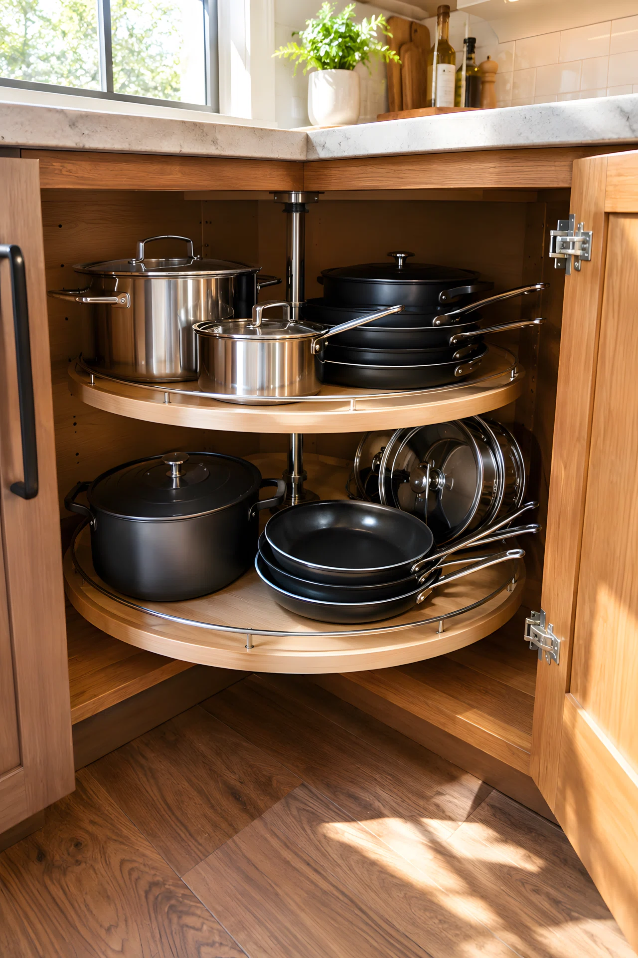 Wide-angle real-life photograph of an open corner kitchen cabinet with a round rotating lazy susan shelf, pots, pans, and lids neatly arranged in a circular layout, stainless steel and dark non-stick cookware creating vibrant metallic tones against warm wood cabinet interior, bright natural light spilling from a nearby window onto the open cabinet door, no people in frame, stock-photography style with a dramatic wide angle capturing the full cabinet depth and part of the kitchen floor, clean and organized overall styling.