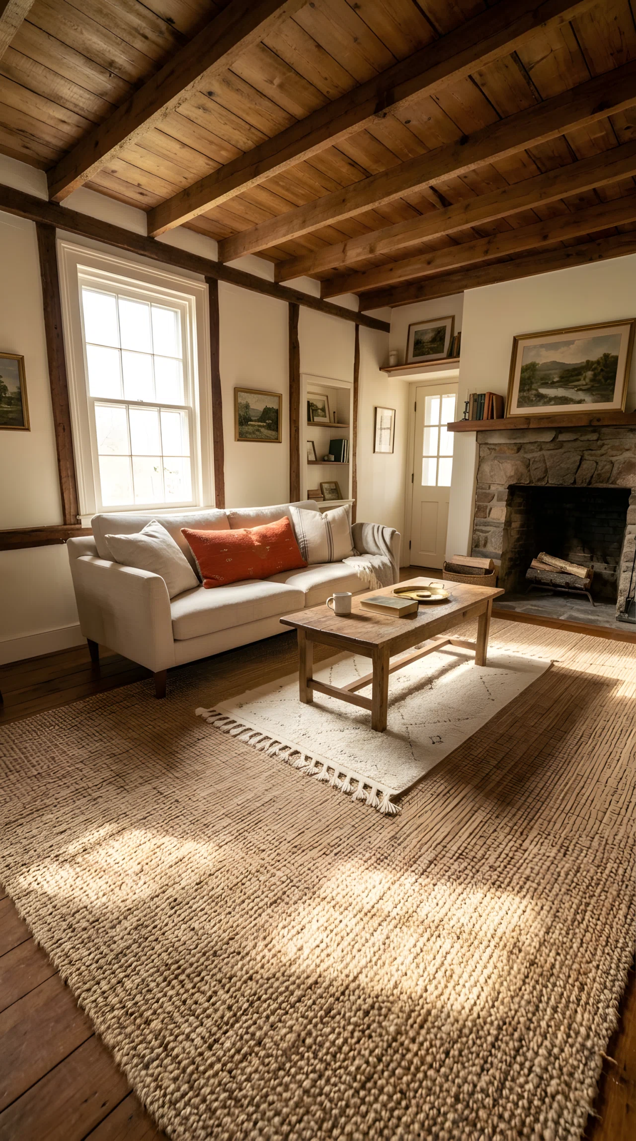 Wide-angle real-life photo of a farmhouse living room floor detail. Natural jute rug spread wall to wall, smaller cream wool rug layered on top beneath a wooden coffee table, linen sofa in the background. Bright natural light streaming across the floor from a side window. Vibrant terracotta throw pillow for contrast. Full room wide camera angle, dramatic perspective, no people, realistic photographic style, not a render or illustration.