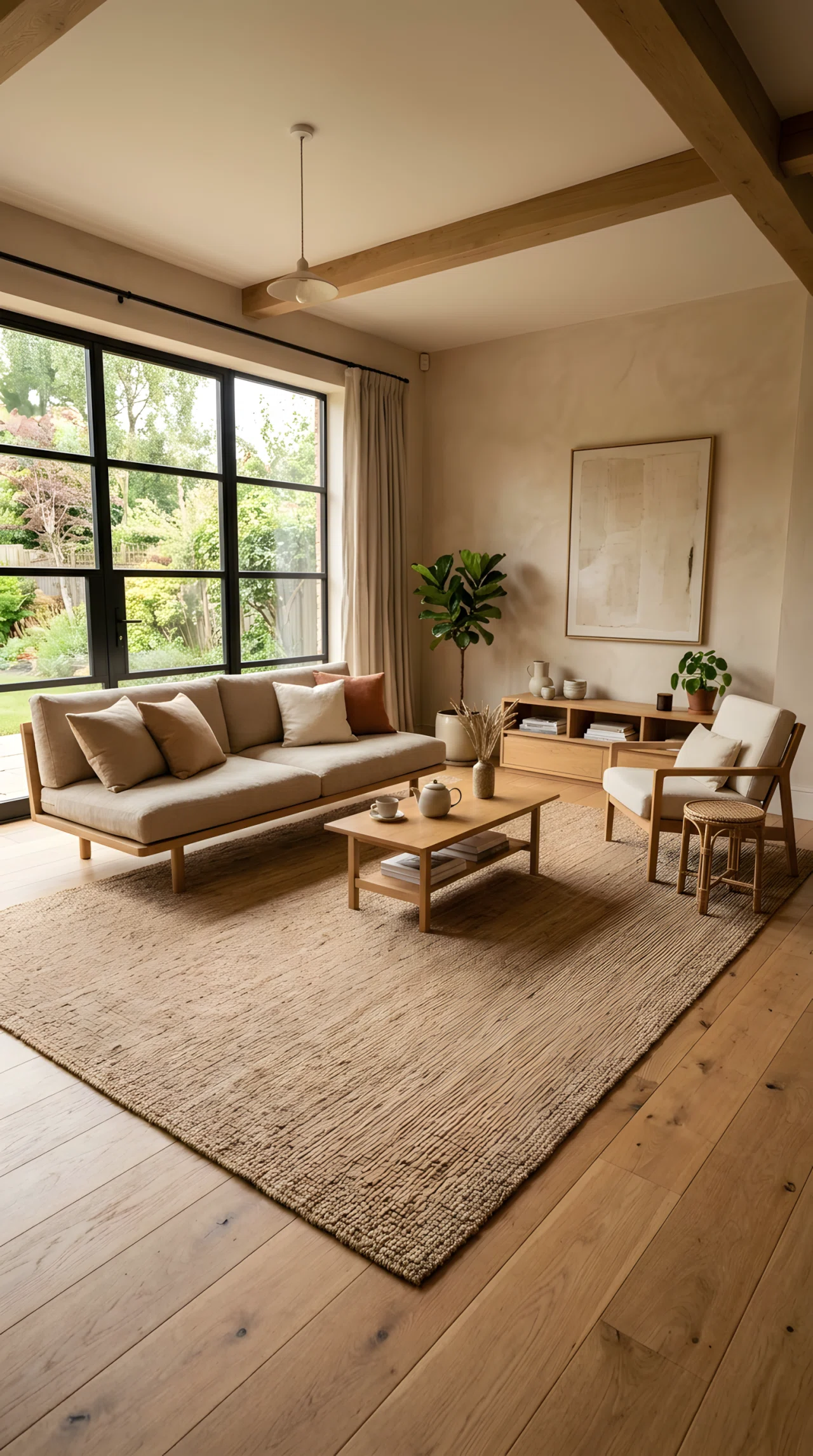 Wide-angle real-life photograph of a Japandi living room with a large natural jute rug extending under the front legs of a low sofa and armchair, natural oak flooring visible at the edges, soft daylight streaming in, dramatic wide camera angle capturing the full room, warm vibrant neutral tones, stock photography style, no people.