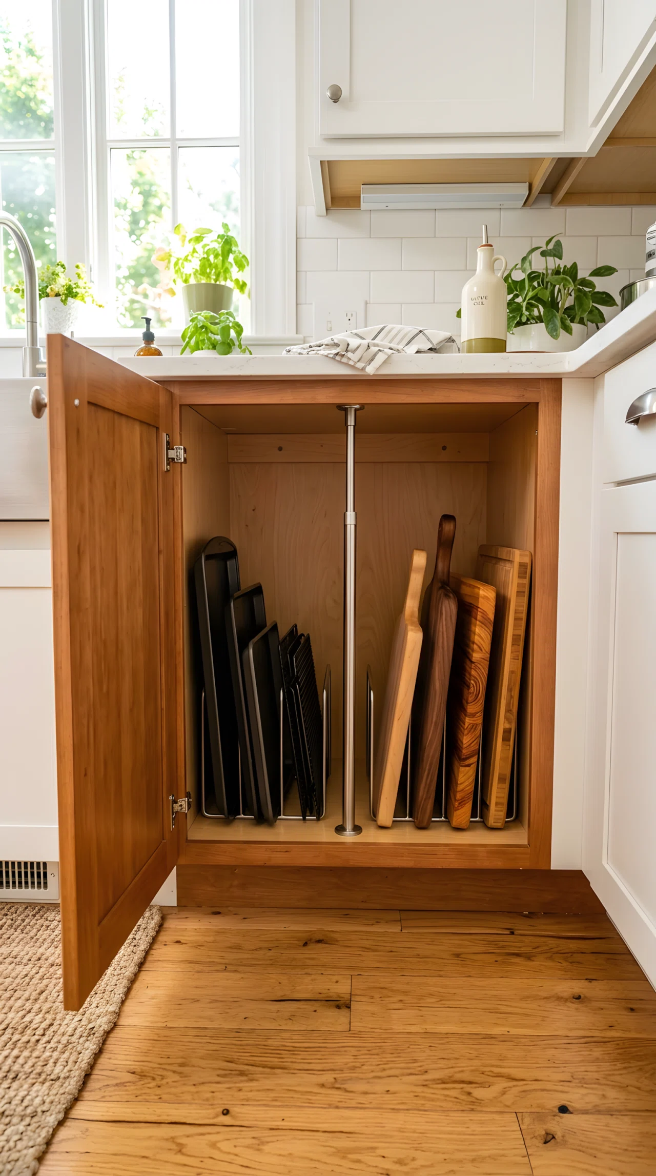 Wide-angle real-life photograph of an open lower kitchen cabinet with a slim metal tension rod installed vertically, baking sheets and wooden cutting boards standing upright in neat individual slots, warm bright natural light reaching into the cabinet from the kitchen window, vibrant wood tones of the cutting boards against dark matte baking sheets, no people in frame, stock-photography style shot with a dramatic wide angle showing the full cabinet interior and part of the kitchen floor, clean and tidy overall styling.
