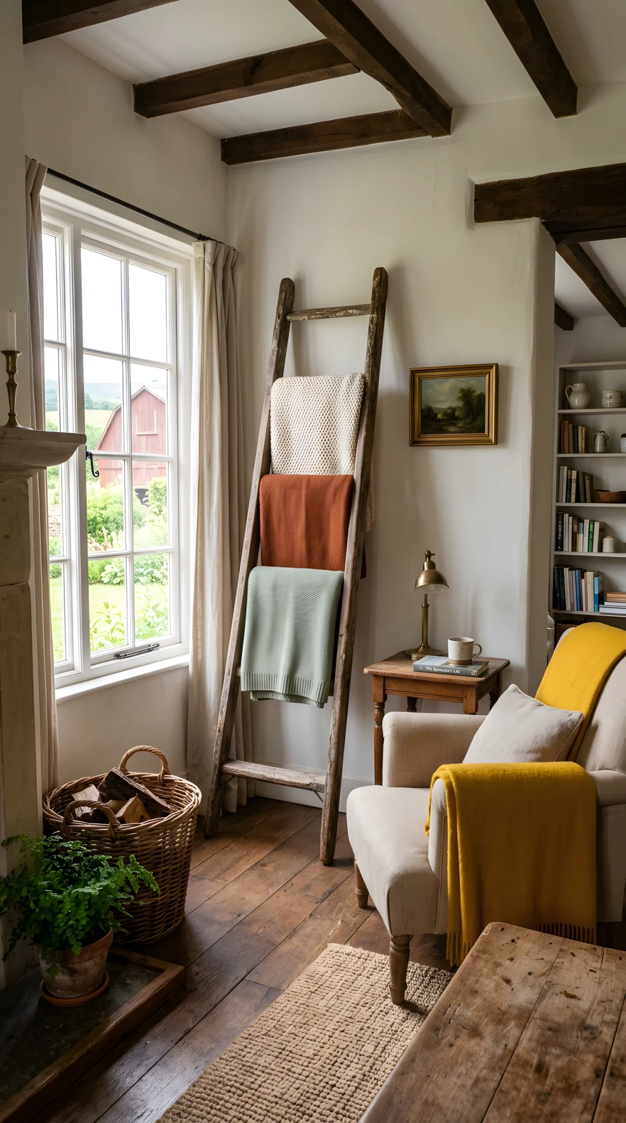 Wide-angle real-life photo of a farmhouse living room corner. Weathered wooden ladder leaning against a plain white wall, three folded wool and knit blankets in cream, rust, and sage draped neatly over the rungs. Bright natural light from a nearby window. Vibrant mustard blanket for a pop of color. Full room wide angle, dramatic camera perspective, no people, photographic stock-photo style, not illustration or 3D render.