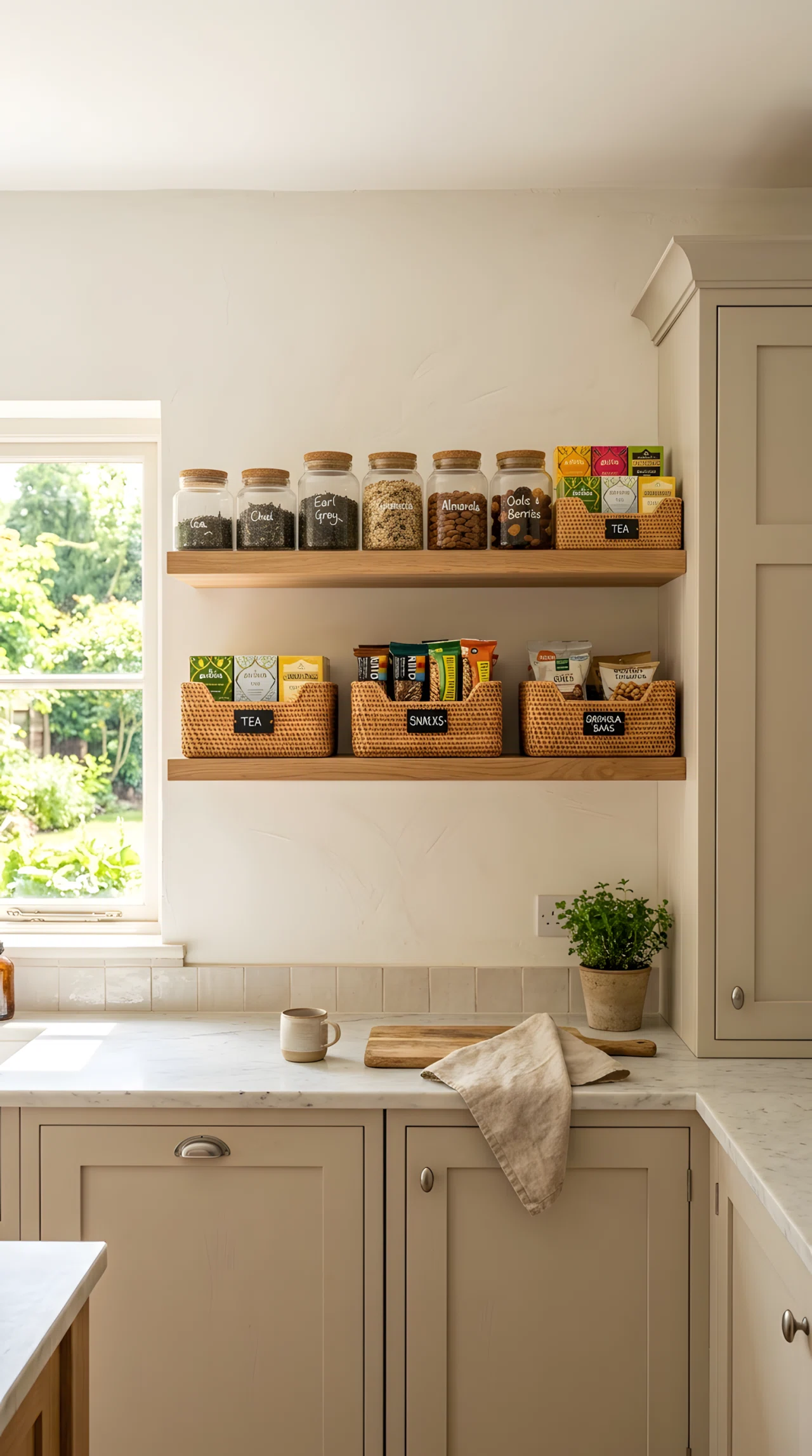 Wide-angle real-life photograph of an open floating kitchen shelf replacing a cabinet door, woven rattan baskets holding tea bags, granola bars, and small snack packs, a few glass jars beside them, warm bright natural light streaming across the shelf from a nearby window, vibrant natural tones from the woven baskets against a soft neutral wall, no people in frame, stock-photography style with a dramatic wide angle capturing the shelf and surrounding cabinetry, everything neatly arranged and clean.