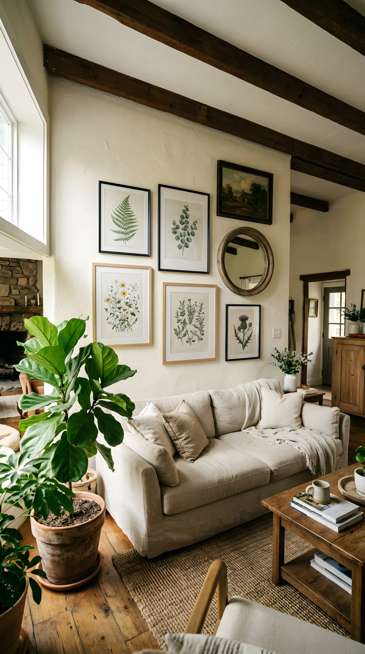 Wide-angle real-life photo of a farmhouse living room wall behind a linen sofa. Asymmetrical gallery arrangement of five framed botanical prints, one round mirror, and one vintage-style framed art piece in black and natural wood frames. Bright natural light hitting the wall at an angle. Vibrant green plant leaves in frame for contrast. Full room wide camera angle, dramatic perspective, no people, photographic realistic style, not a painting or sketch.