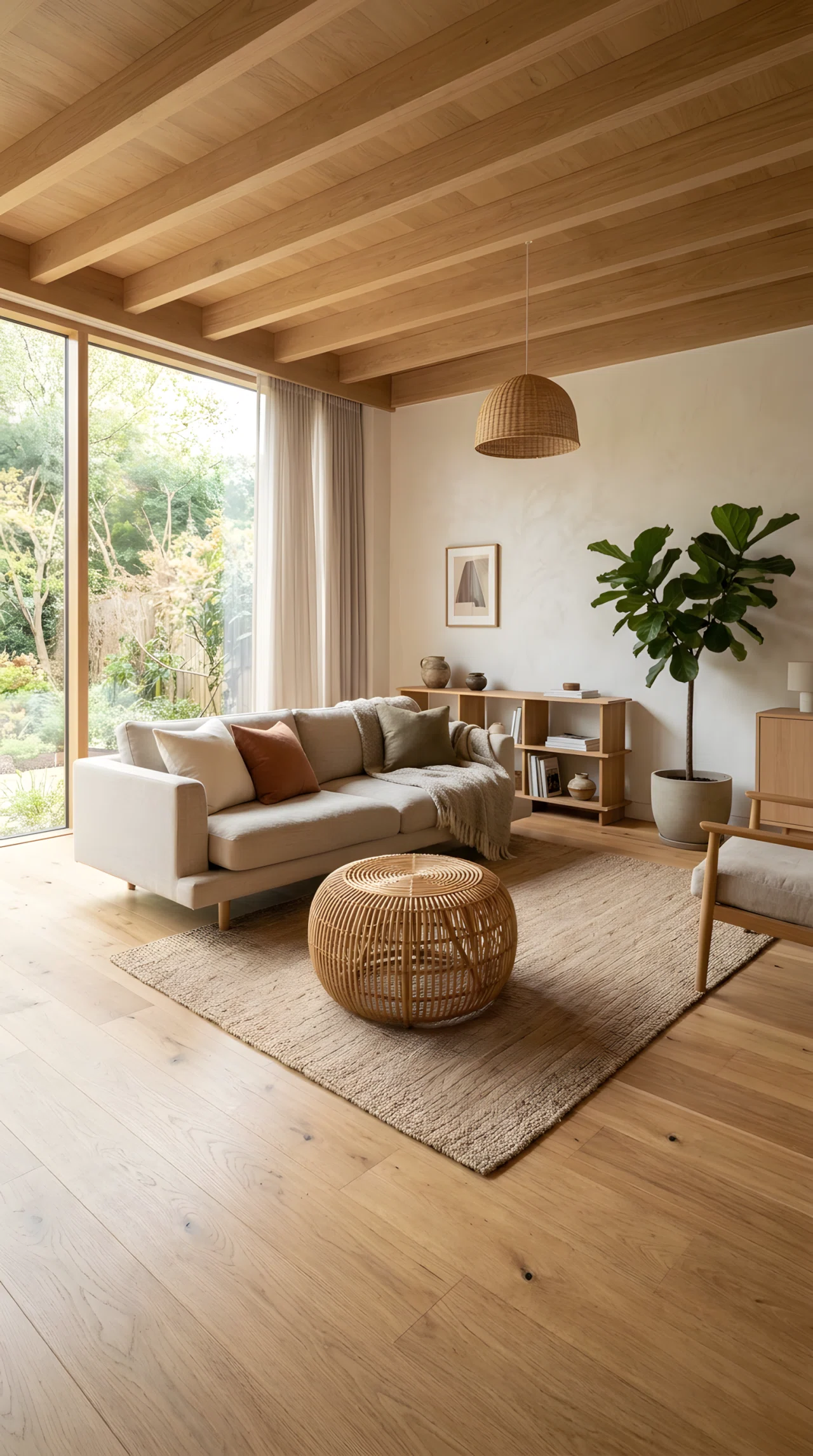 Wide-angle real-life photograph of a Japandi living room featuring a round woven storage ottoman in front of a low linen sofa, natural oak flooring, soft warm daylight from a side window, minimal styling, dramatic wide camera angle showing the full room, vibrant warm neutral tones, stock photography style, no people.