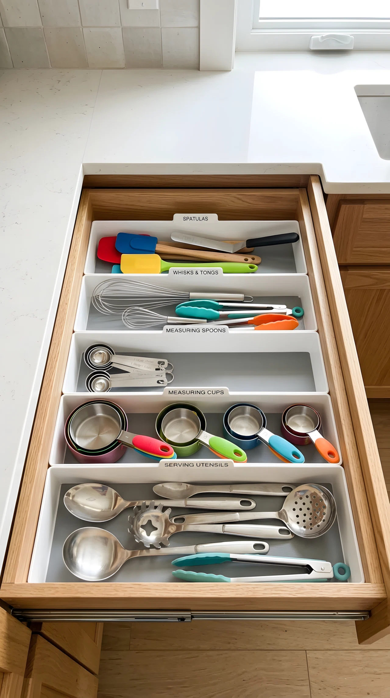Wide-angle real-life photograph of an open kitchen drawer from above, labeled white compartment dividers separating spatulas, whisks, measuring spoons, and serving utensils in neat rows, bright natural light falling across the drawer from an overhead angle, vibrant colors from stainless steel and colorful silicone utensil handles, no people in frame, stock-photography style with a dramatic wide top-down angle showing the entire drawer clearly, everything tidy and organized.