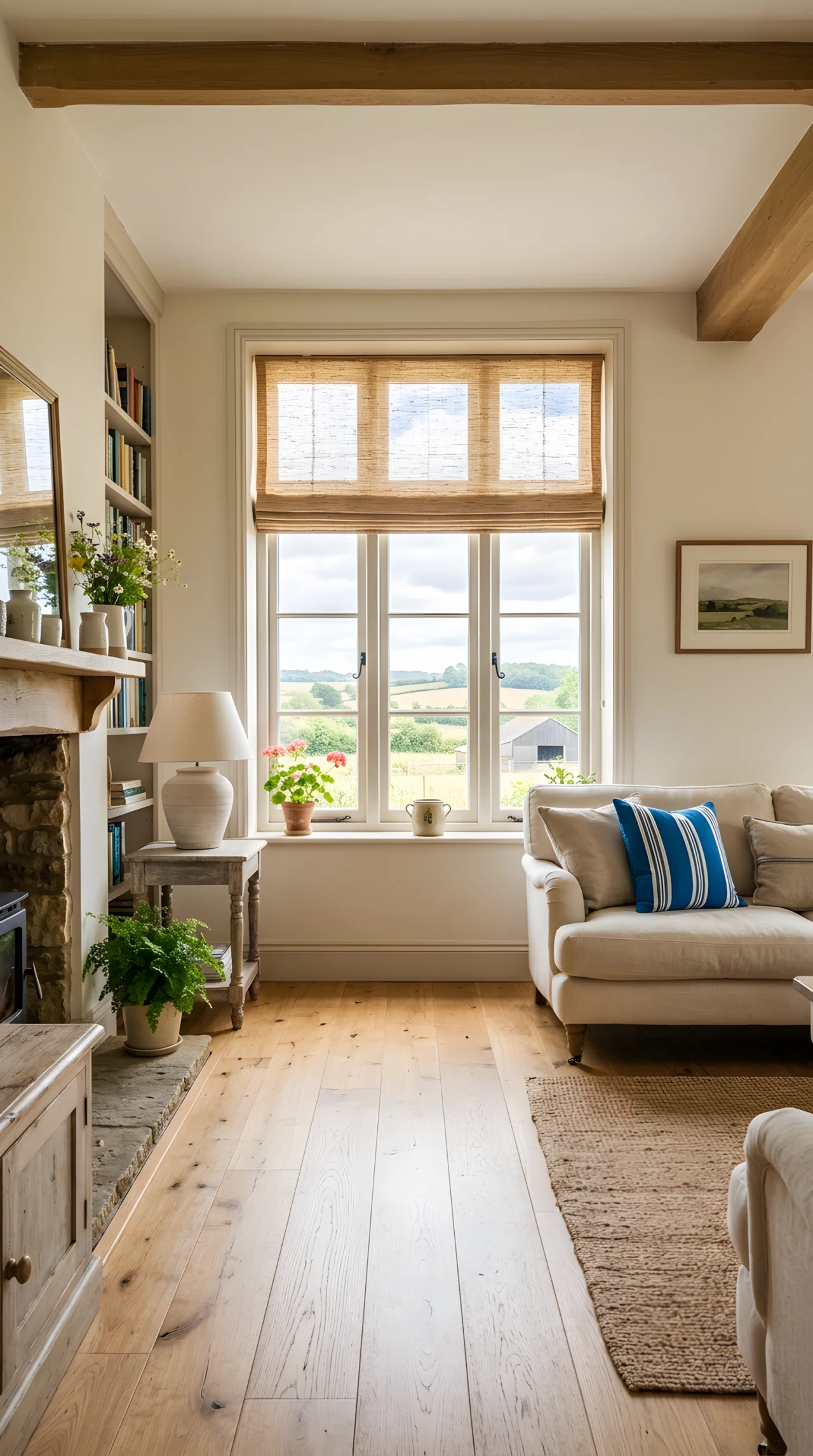 Wide-angle real-life photo of a farmhouse living room window. Woven rattan roman shade raised halfway, soft diffused bright natural sunlight filtering through onto a light oak floor and cream linen sofa. Sheer light fabric texture visible in the weave. Vibrant blue striped throw pillow for coastal contrast. Full room wide camera angle, dramatic perspective, no people, realistic photographic style, not illustration.
