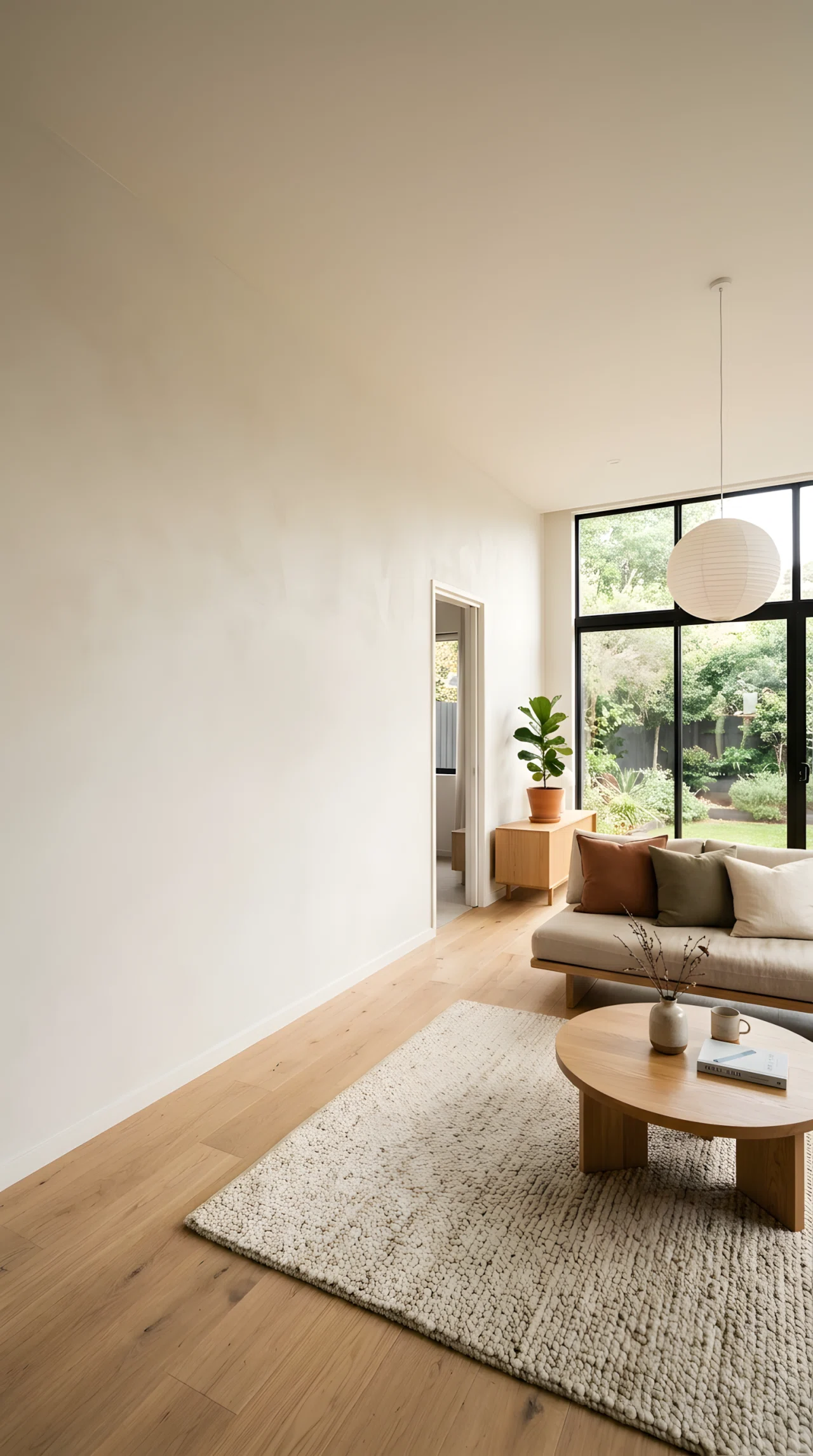 Wide-angle real-life photograph of a Japandi living room with one completely bare warm white wall left empty, low furniture positioned away from it, soft natural daylight washing across the blank surface, dramatic wide camera angle emphasizing negative space, vibrant warm neutral tones, stock photography style, no people.