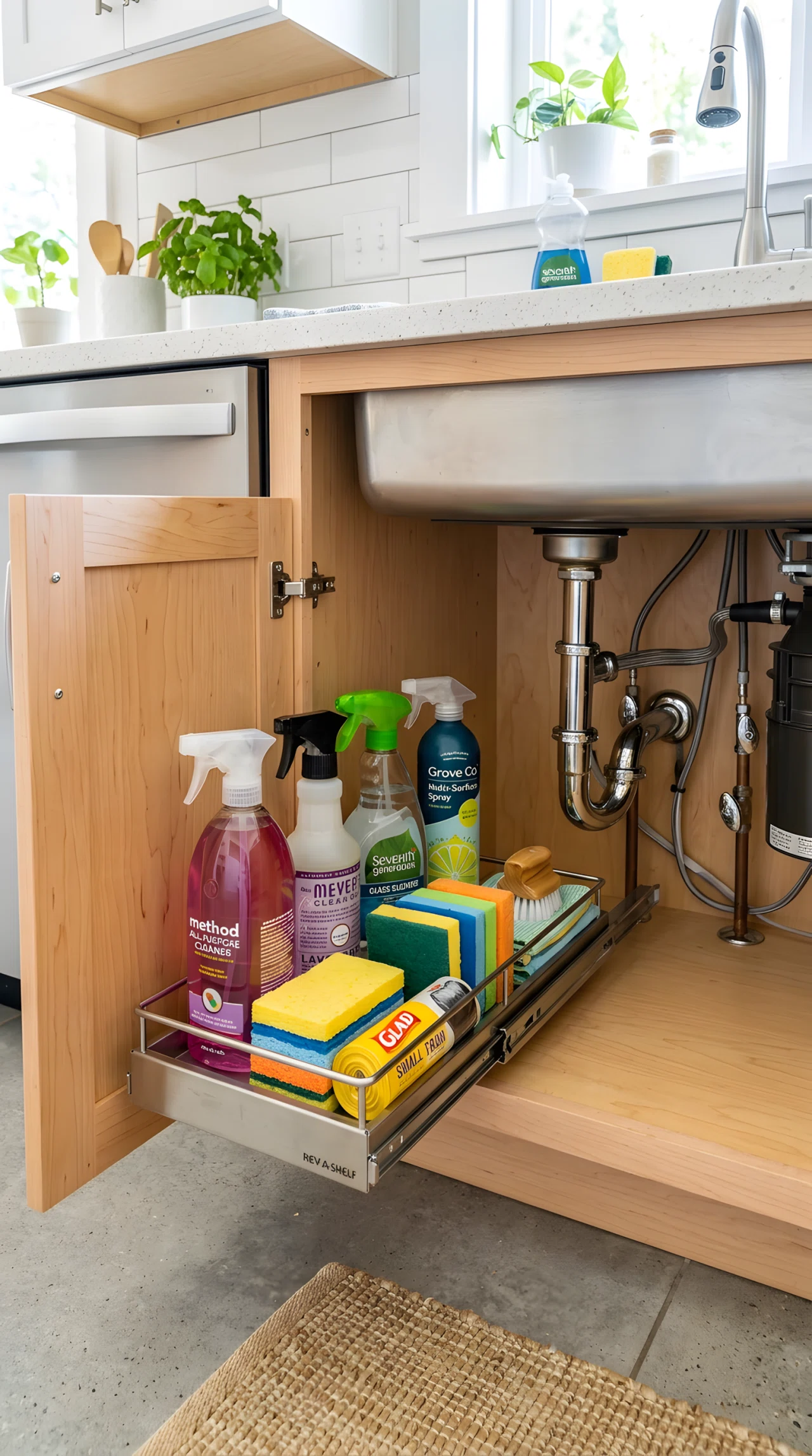 Wide-angle real-life photograph of an open kitchen cabinet under the sink, a metal slide-out caddy holding cleaning spray bottles, sponges, and a small trash bag roll neatly arranged, plumbing pipe visible but tidy in the background, bright natural light entering from the kitchen behind, vibrant colors from the cleaning bottle labels, no people in frame, stock-photography style with a dramatic wide angle showing the full under-sink cabinet space, clean and organized overall look.