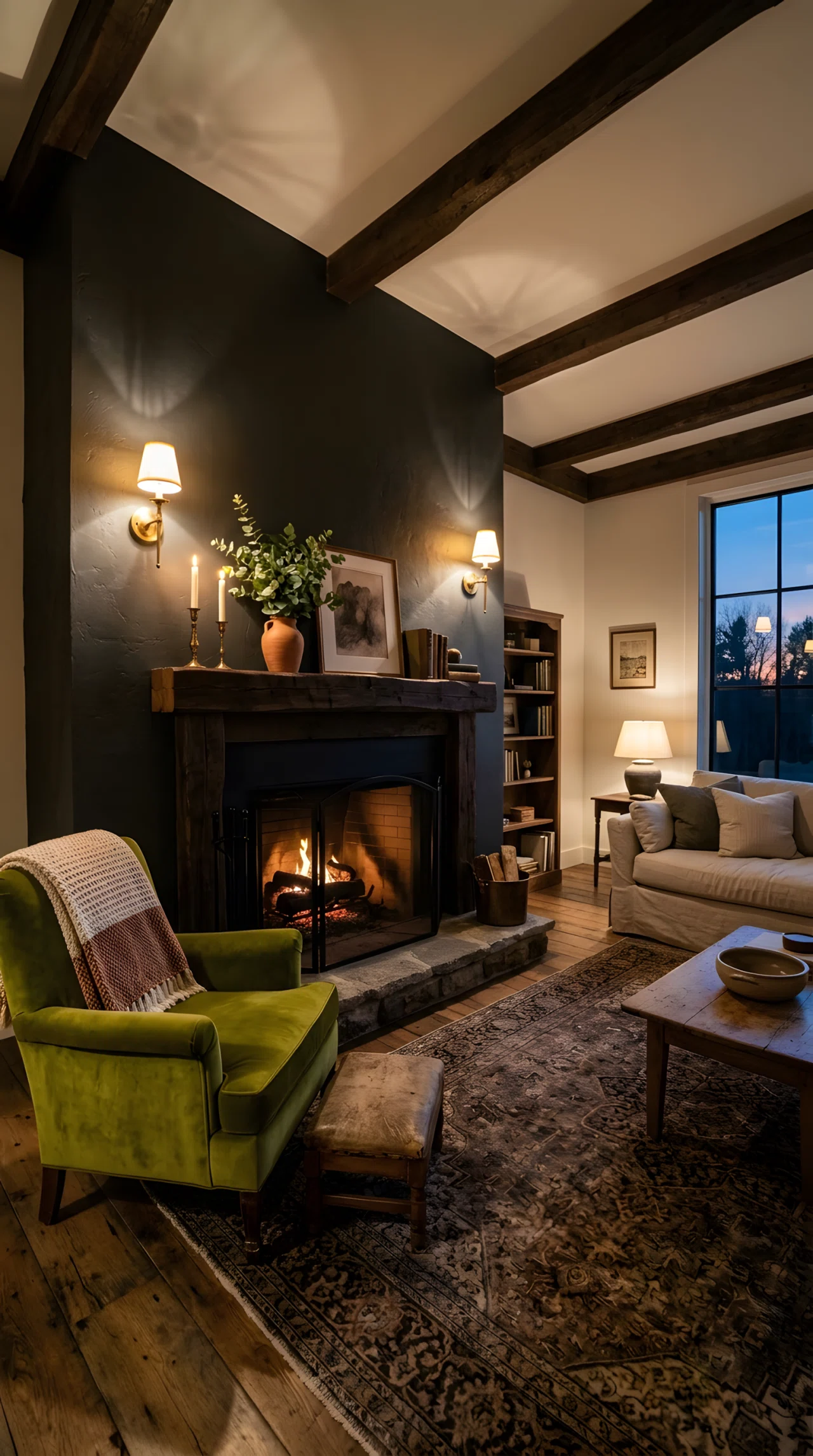 Wide-angle real-life photo of a farmhouse living room fireplace at dusk. Two brass wall sconces mounted at eye level flanking the mantel, warm angled light pooling on a charcoal accent wall (RGB 54,58,58). Dark wood mantel with candles and greenery. Rest of room in soft ambient light. Vibrant olive green armchair nearby. Full room wide camera angle, dramatic perspective, no people, photographic realistic style, not a 3D render.