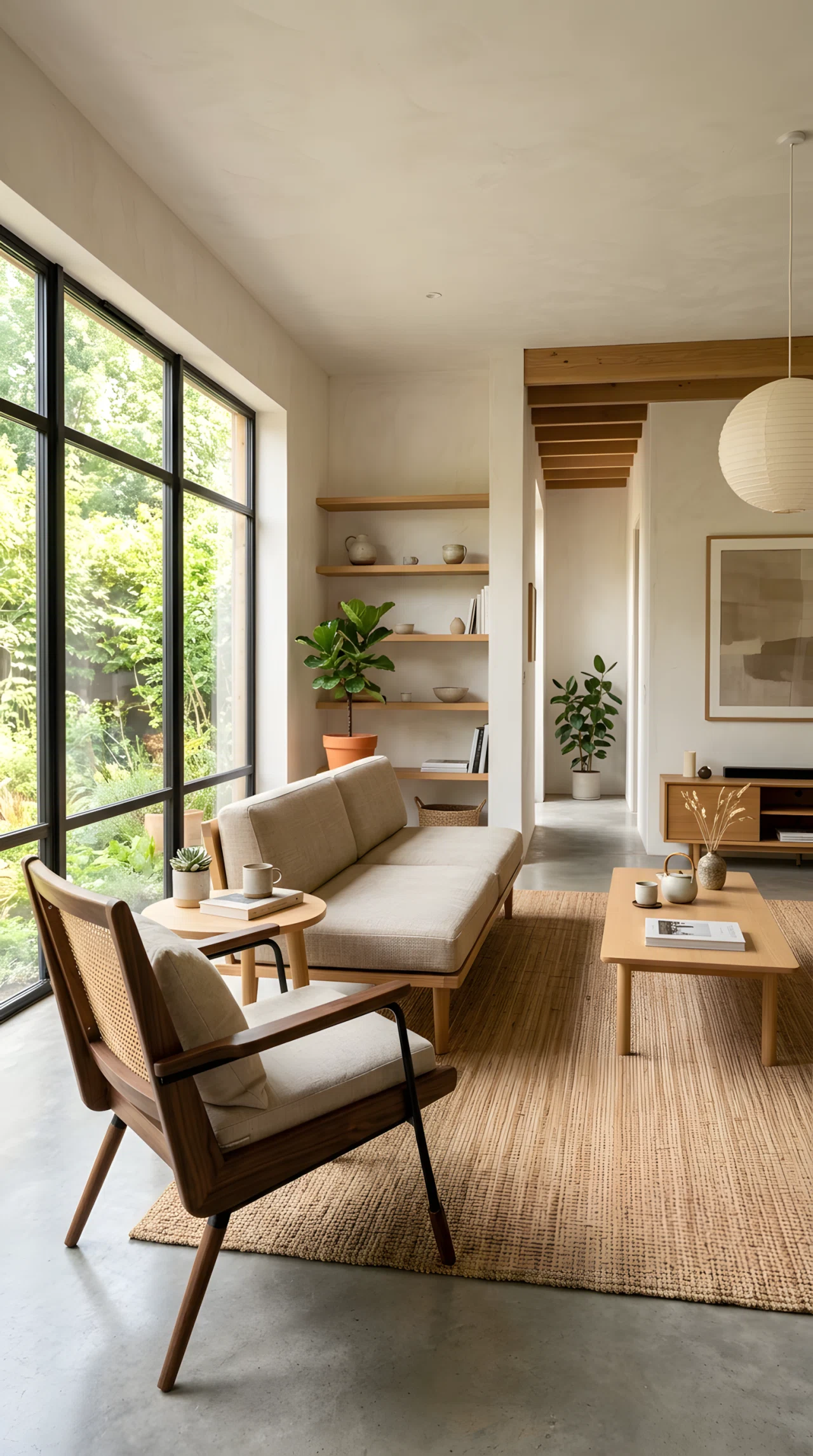 Wide-angle real-life photograph of a Japandi living room, a dark walnut mid-century armchair with tapered legs positioned at an angle near a pale oak low sofa, natural light falling across the wood grain, minimal decor, dramatic wide camera angle capturing the full room, vibrant warm tones, stock photography style, no people.