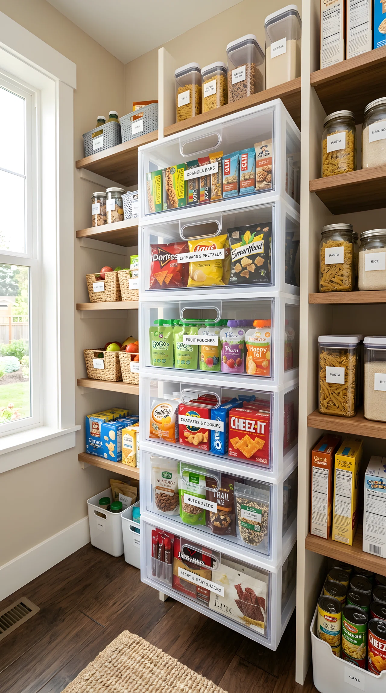 Wide-angle real-life photograph of pantry shelving fitted with stacked clear plastic drawers, each drawer filled with a different snack type like granola bars, chip bags, and fruit pouches in vibrant packaging colors, bright natural light entering from a nearby window, no people in frame, stock-photography style shot with a dramatic wide angle capturing the full stack of drawers and surrounding shelf, everything neatly arranged and clean.
