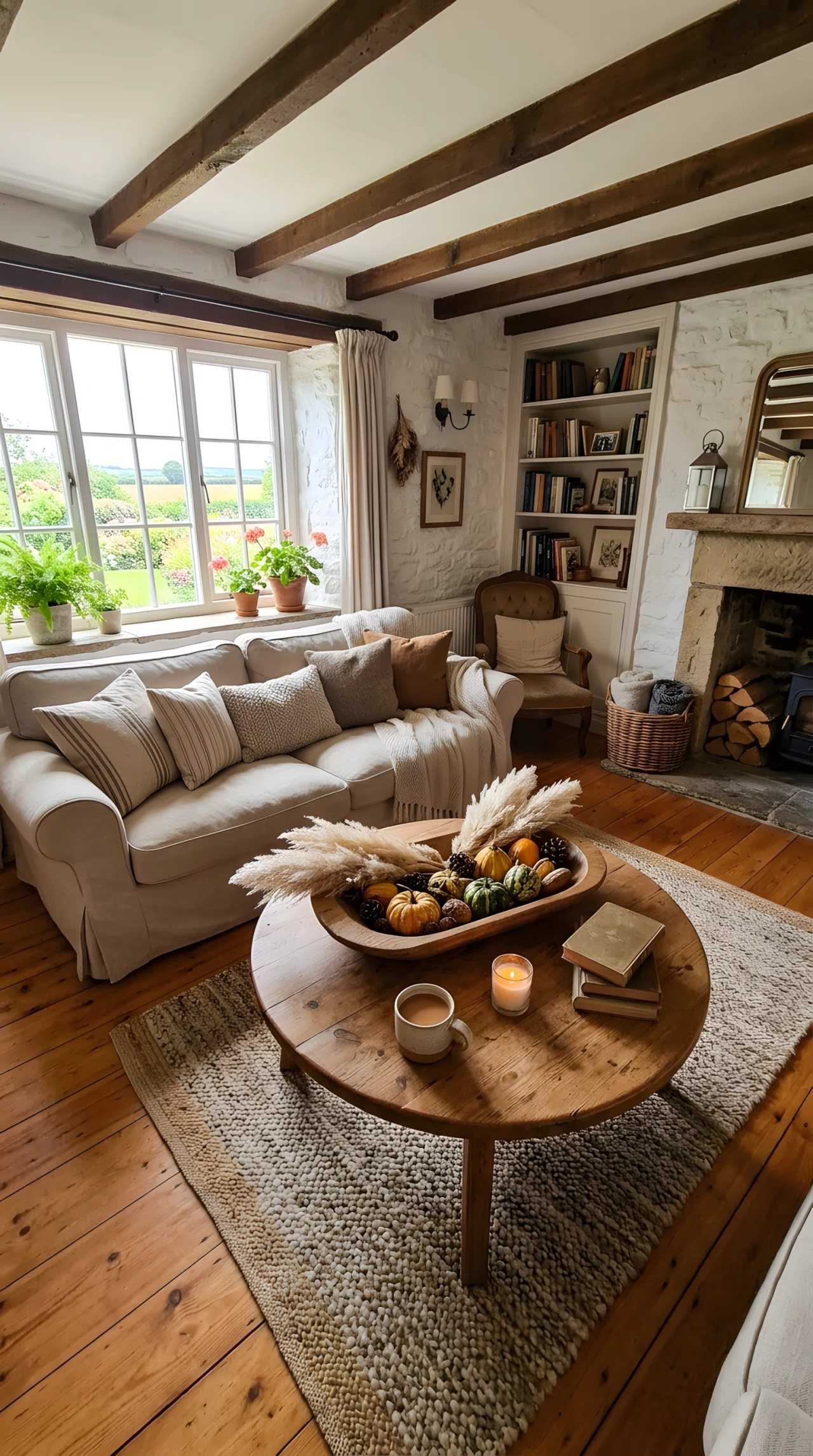 Wide-angle real-life photo of a farmhouse living room coffee table. Shallow oval wooden dough bowl filled with dried pampas grass and small natural gourds, positioned centered on a round wood coffee table. Linen sofa in the background, bright natural window light. Vibrant caramel wood tones. Full room wide camera angle, dramatic perspective, no people, photographic realistic style, not illustration or 3D render.