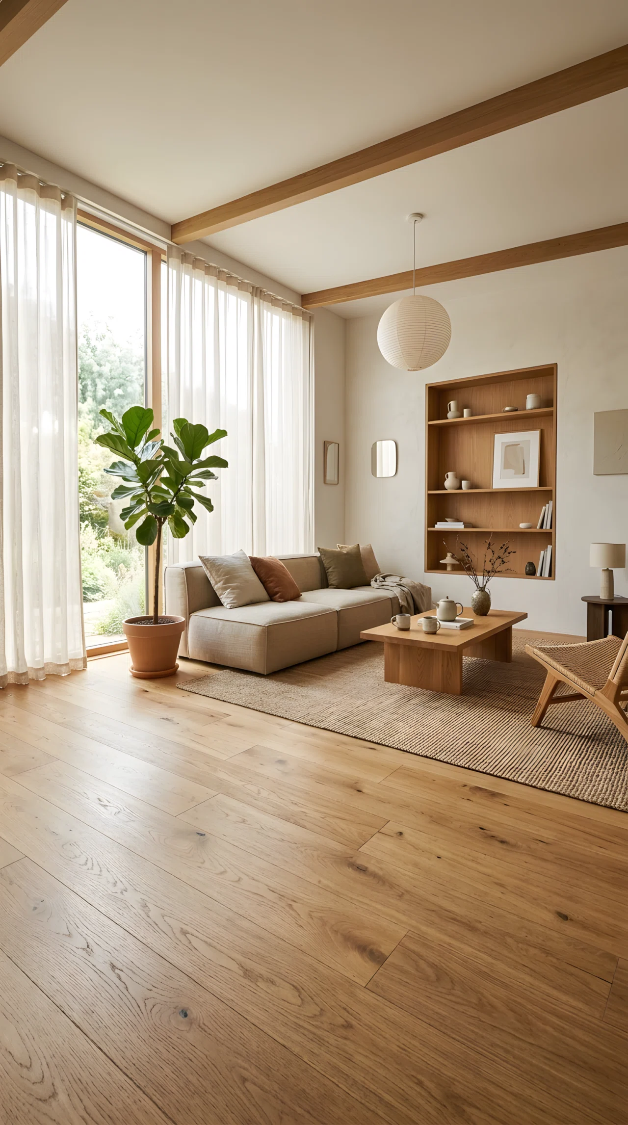 Wide-angle real-life photograph of a Japandi living room with sheer undyed linen curtain panels diffusing bright natural light across a low sofa and oak flooring, soft even glow filling the room from a large window, minimal styling, dramatic wide camera angle capturing the full space, vibrant warm tones, stock photography style, no people.