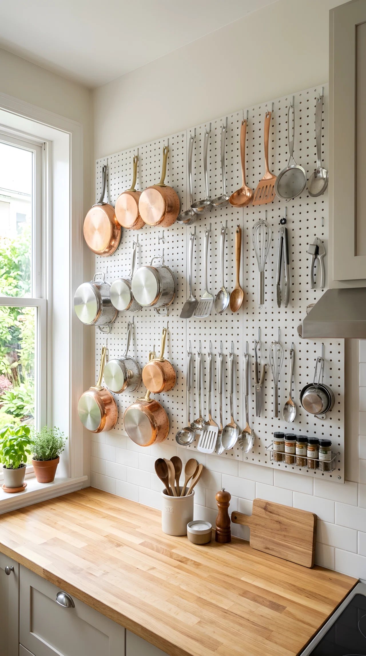 Wide-angle real-life photograph of a kitchen wall above the counter fitted with a white pegboard, pots, pans, ladles, and utensils hanging neatly from hooks in an organized arrangement, bright natural light falling across the pegboard from a nearby window, vibrant copper and stainless steel tones from the cookware, countertop below clear and tidy, no people in frame, stock-photography style with a dramatic wide angle showing the full pegboard wall and counter, clean and organized overall styling.