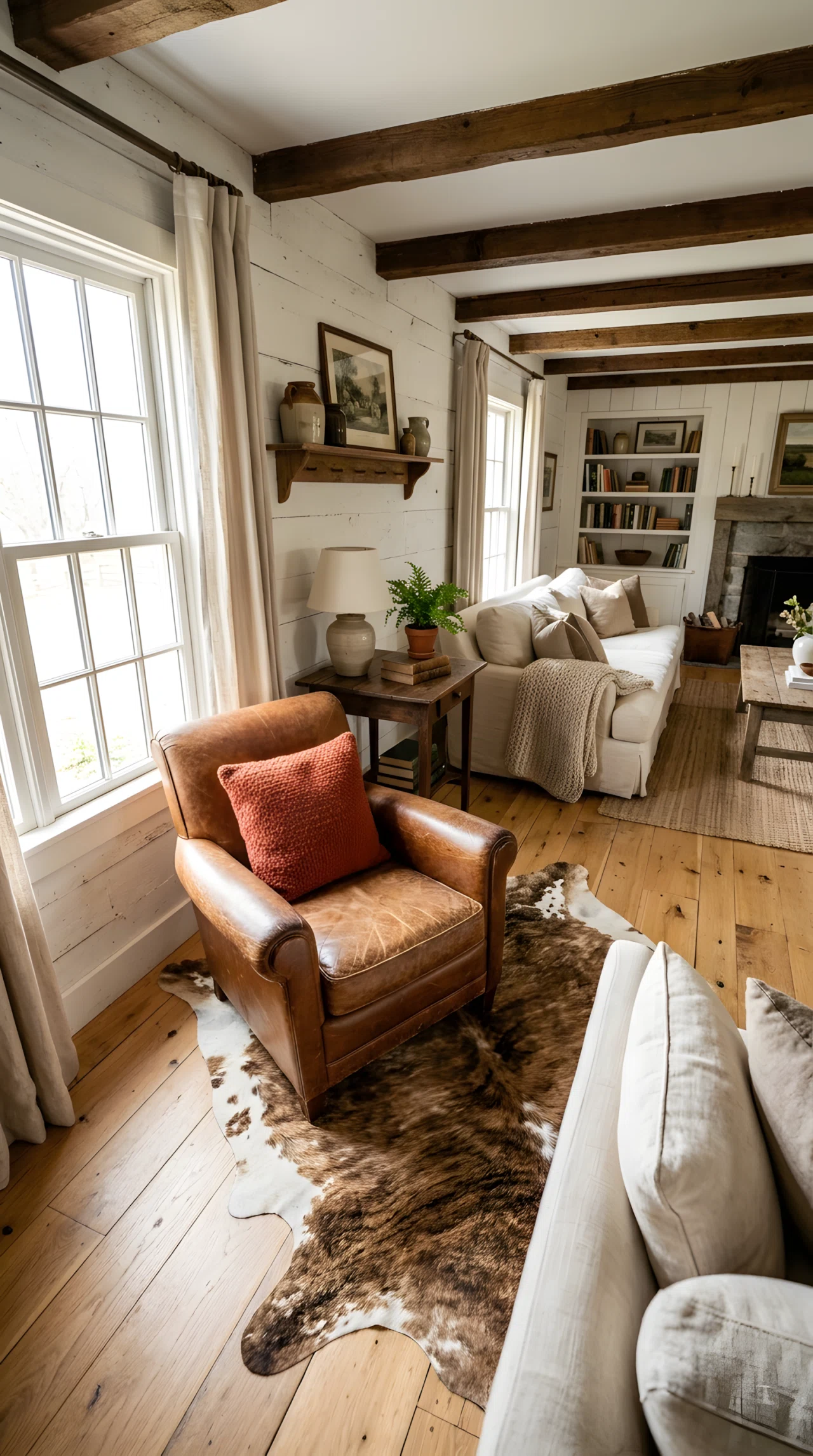 Wide-angle real-life photo of a farmhouse living room corner. Distressed caramel leather accent chair (RGB 140,92,58) placed on a natural cowhide rug, light oak floor visible around the edges, cream linen sofa nearby. Bright natural side light. Vibrant rust-colored throw pillow on the chair. Full room wide camera angle, dramatic perspective, no people, photographic stock-photo style, not a render.