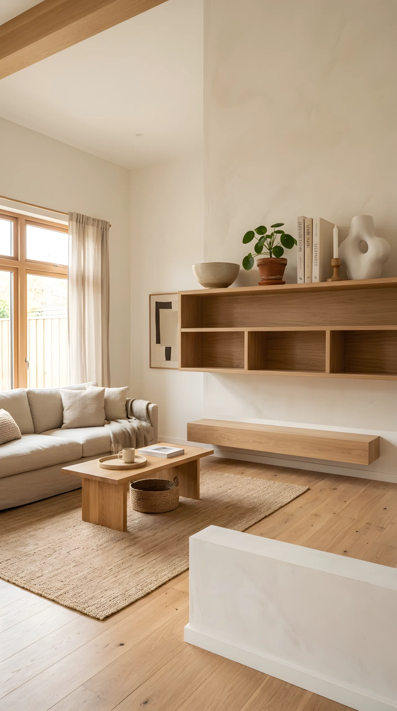 Wide-angle real-life photograph of a Japandi living room featuring a light oak open wall shelf styled with exactly five objects: a ceramic bowl, small plant, stacked books, and one sculptural vase, warm natural daylight from the side, dramatic wide camera angle showing the full room, vibrant warm neutral tones, stock photography style, no people.