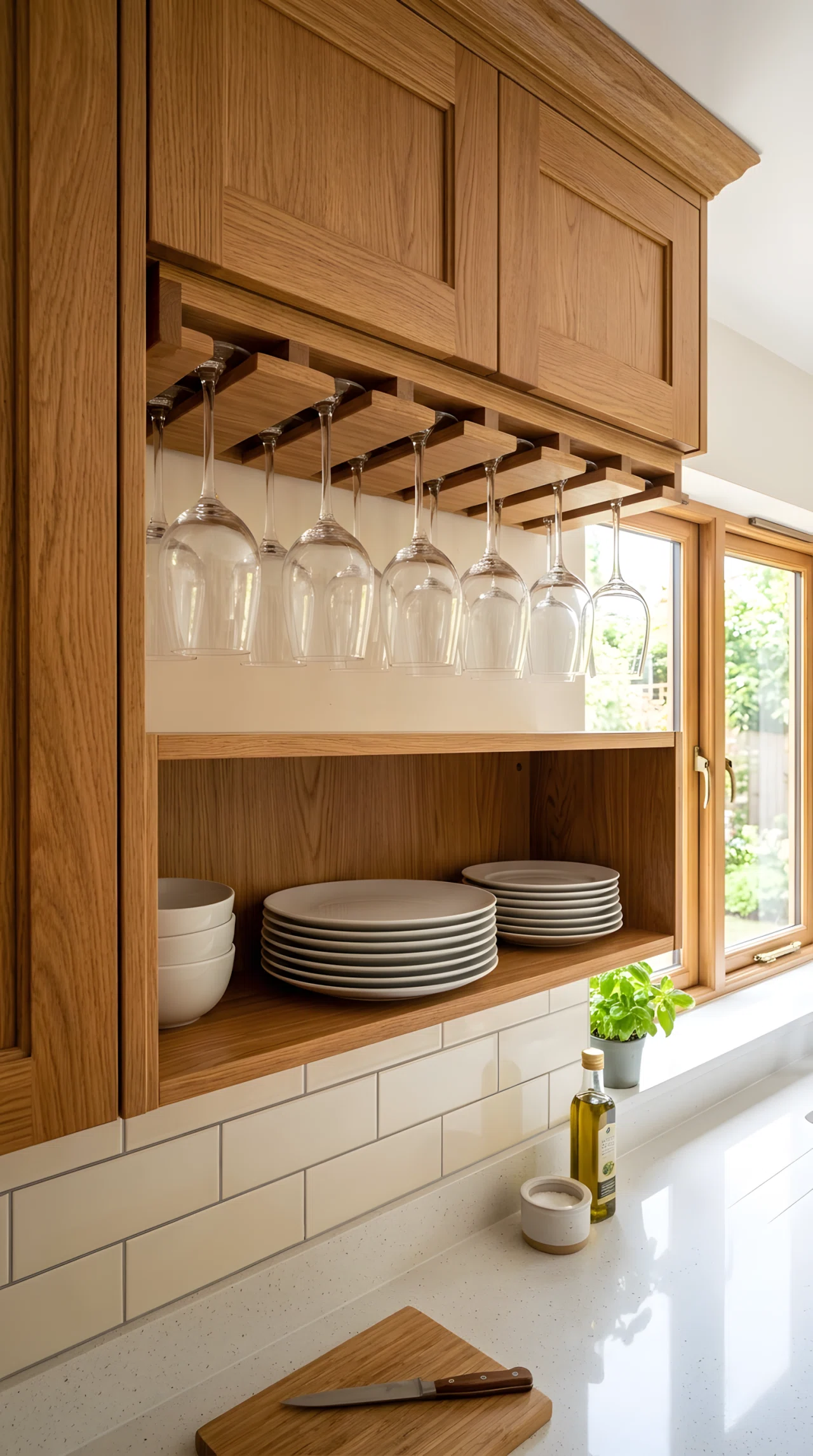 Wide-angle real-life photograph of the underside of upper kitchen cabinets fitted with a wooden stemware rack, wine glasses hanging upside down in a neat row, open shelving below showing stacked white plates, bright natural light entering from a nearby window and catching the glass edges, vibrant warm wood tones against the glassware, no people in frame, stock-photography style with a dramatic wide angle capturing the cabinets, rack, and counter beneath, tidy and organized overall look.