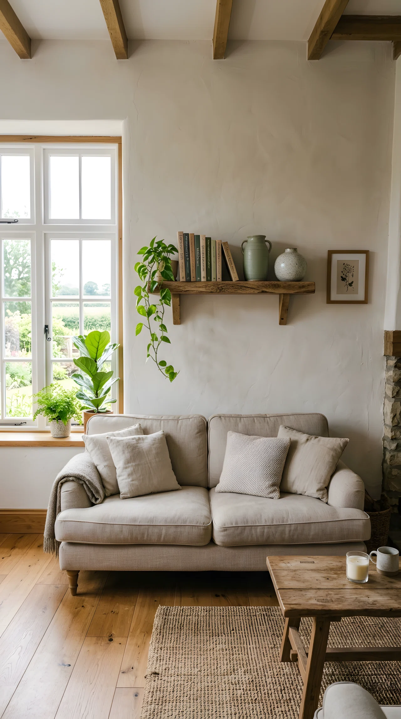 Wide-angle real-life photo of a farmhouse living room wall. Single raw wood floating shelf mounted above a linen sofa, styled with stacked hardcover books, one small trailing plant, and two handmade ceramic vases in muted tones. Bright natural light from a side window. Vibrant green plant leaves for contrast. Full room wide camera angle, dramatic perspective, no people, photographic realistic style, not illustration.