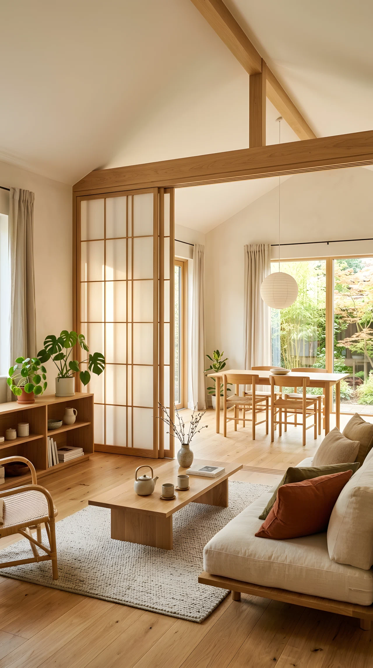 Wide-angle real-life photograph of an open-plan Japandi living room with a wood-framed shoji-inspired sliding screen partially dividing the sitting area from the dining space, soft daylight passing through the translucent panels, low furniture nearby, dramatic wide camera angle capturing the full layout, vibrant warm tones, stock photography style, no people.