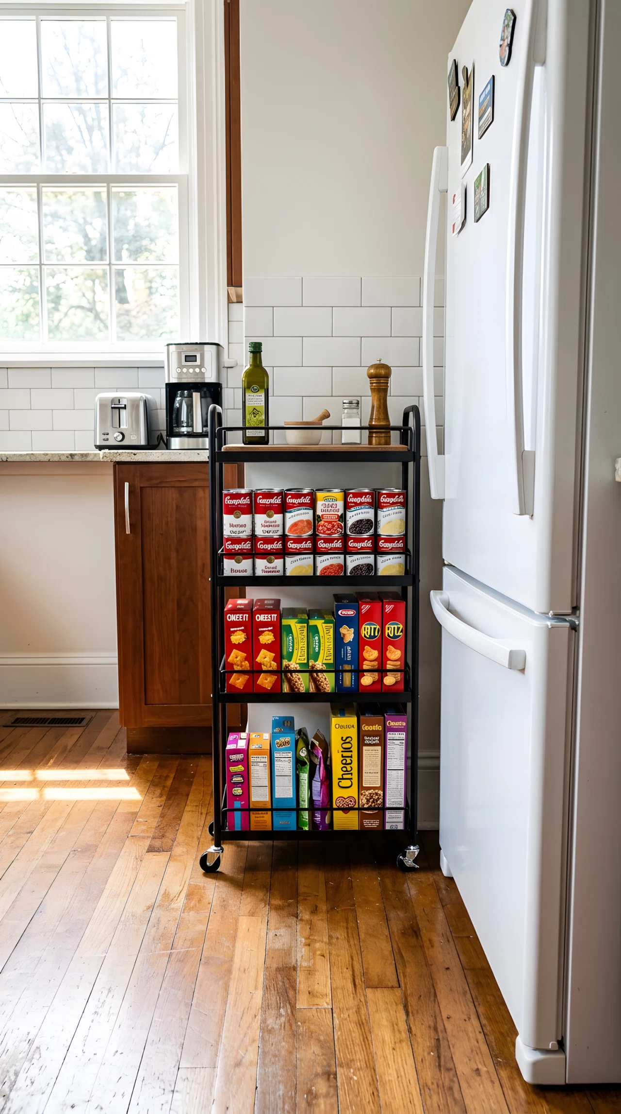 Wide-angle real-life photograph of a narrow gap beside a refrigerator holding a slim three-tier rolling cart, canned goods, snack boxes, and a cutting board neatly arranged on the tiers, bright natural light spilling across the kitchen floor from a nearby window, vibrant colors from the canned goods and packaging, no people in frame, stock-photography style with a dramatic wide angle showing the full cart, fridge side, and surrounding floor, clean and organized overall styling.