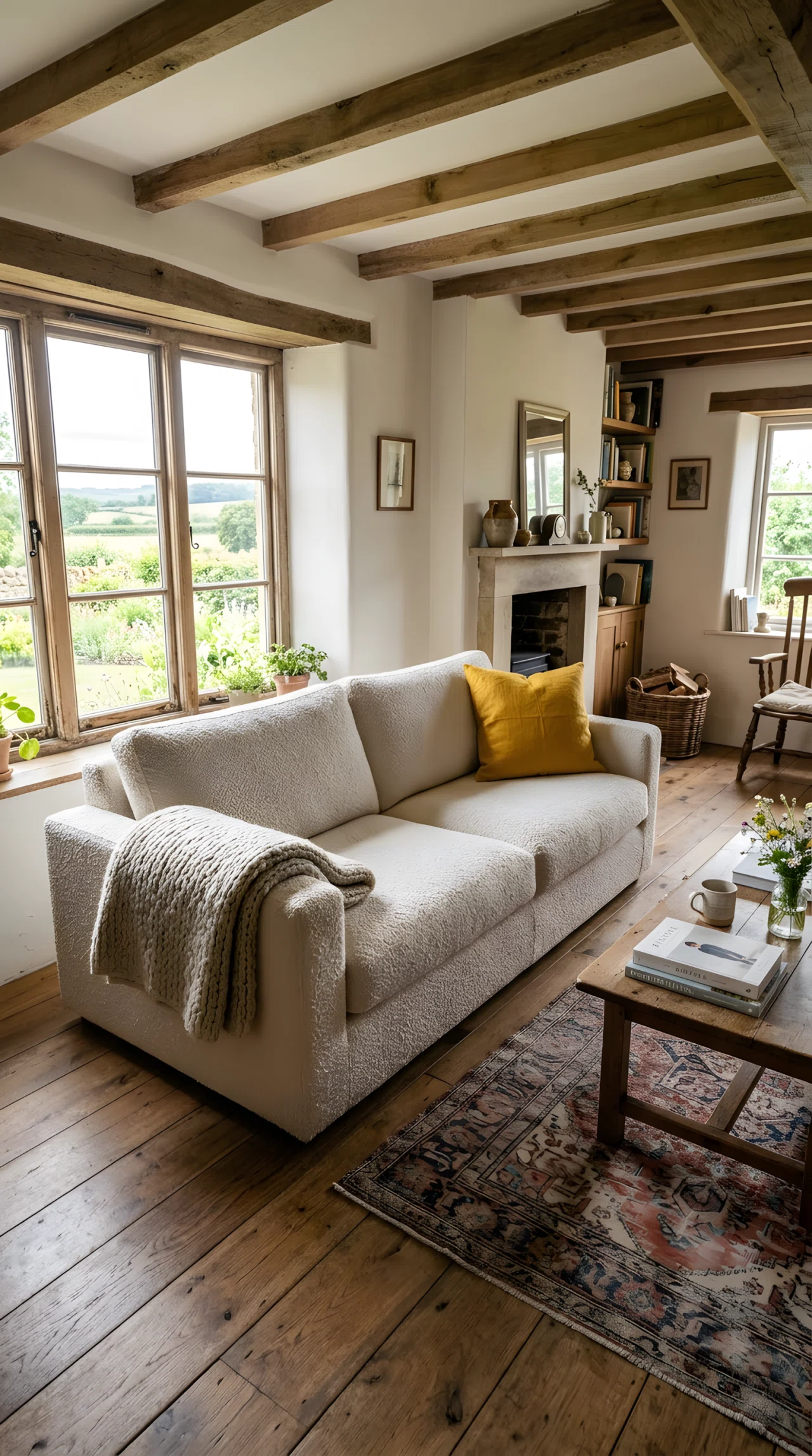 Wide-angle real-life photo of a farmhouse living room sofa. Cream boucle slipcover fitted neatly over a low-profile sofa frame, textured nubby fabric clearly visible, wool throw folded over one arm. Bright natural window light highlighting the fabric texture. Vibrant mustard accent pillow. Full room wide camera angle, dramatic perspective, no people, photographic realistic style, not a 3D render.