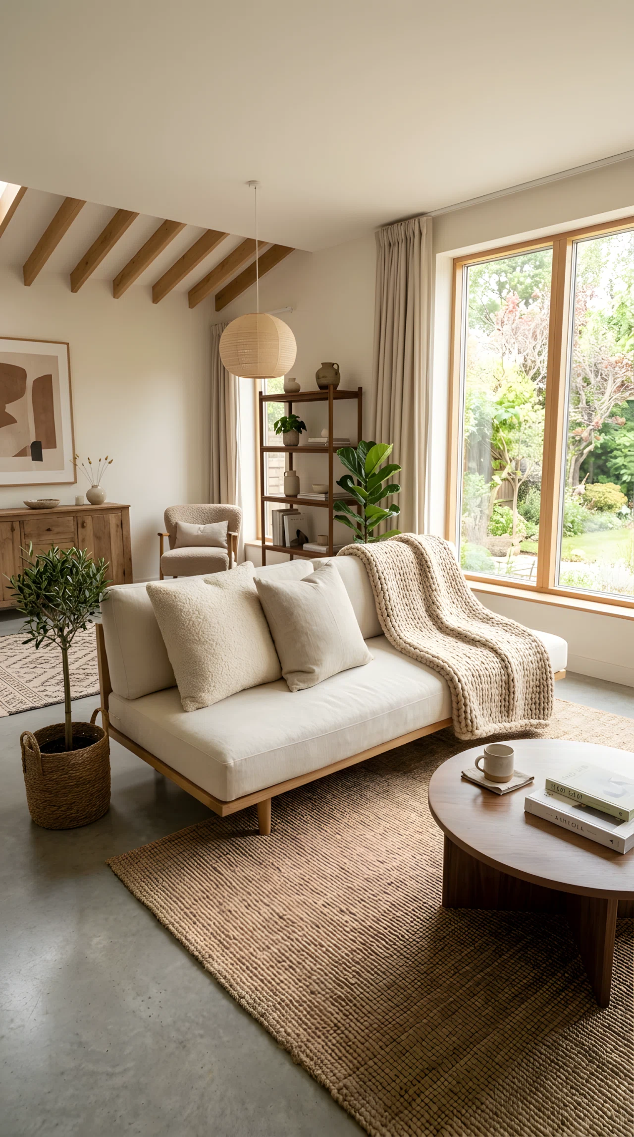 Wide-angle real-life photograph of a Japandi living room low sofa styled with three textures: a bouclé cushion, chunky knit throw, and linen pillow in matching warm neutral tones, soft natural light falling across the fabric, dramatic wide camera angle capturing the full room, vibrant warm tones, stock photography style, no people.