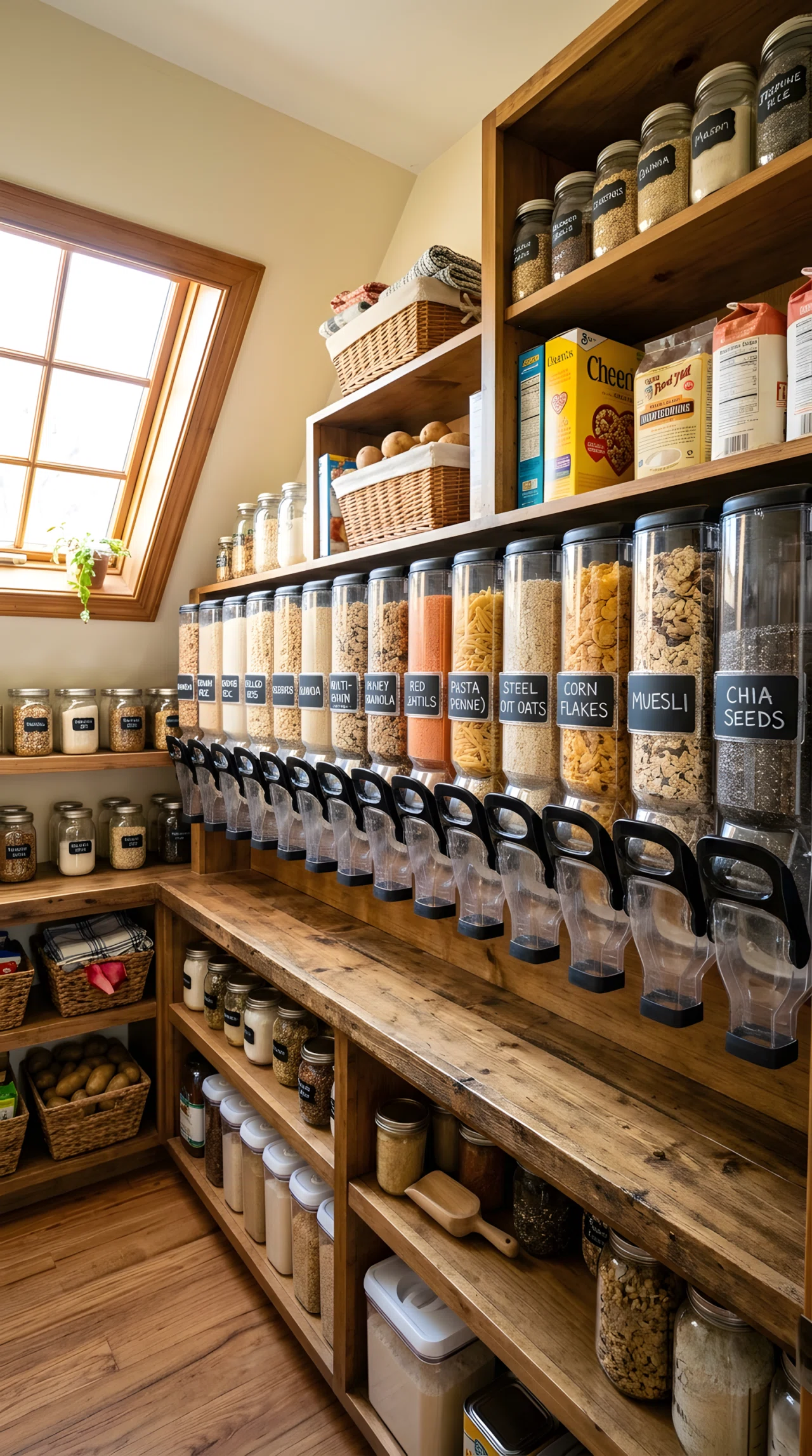 Wide-angle real-life photograph of a pantry shelf fitted with clear gravity-fed bulk bins dispensing cereal, rice, and granola from the front, small chalkboard labels on each bin, bright natural light coming from an angled side window, vibrant golden and amber tones from the visible grains and cereal, no people in frame, stock-photography style with a dramatic wide angle showing the full row of bins and surrounding shelving, everything neatly arranged and clean.