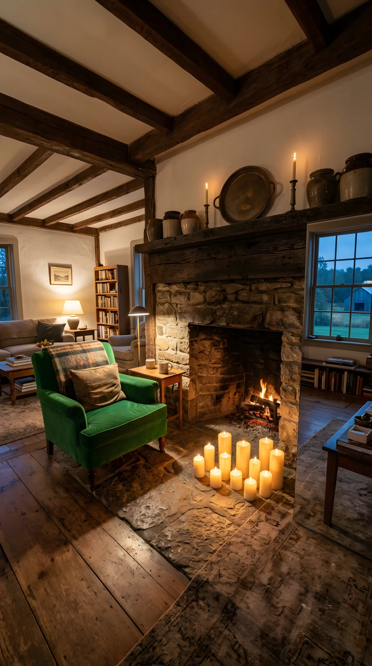 Wide-angle real-life photo of a farmhouse living room fireplace at dusk. Cluster of five pillar candles in varying heights arranged low along the hearth floor, warm glow spreading outward across the stone surface. Dark wood mantel above, soft ambient light filling the rest of the room. Vibrant deep green armchair visible nearby. Full room wide camera angle, dramatic perspective, no people, photographic realistic style, not illustration.