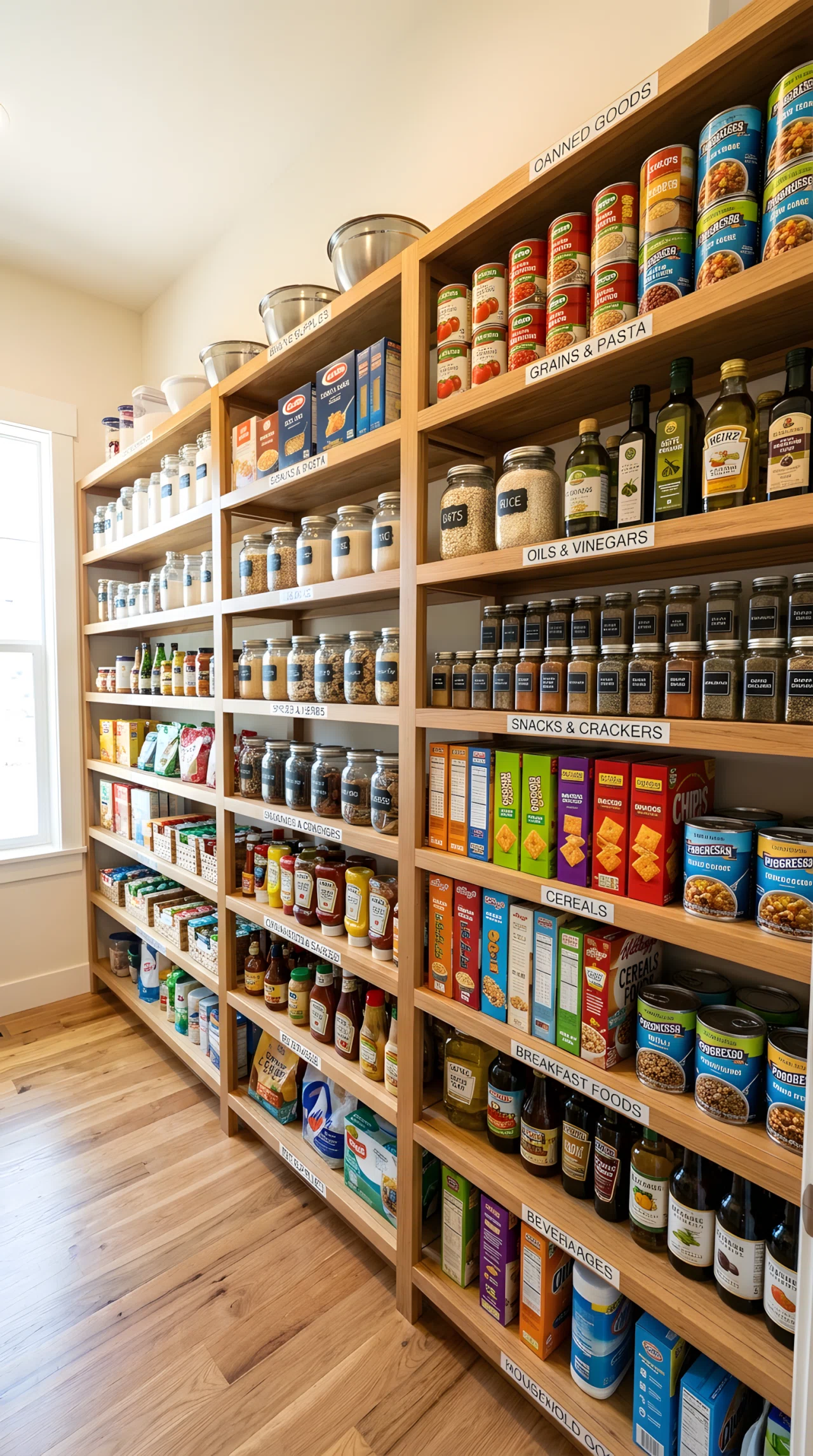 Wide-angle real-life photograph of pantry shelves with small printed labels stuck along the edge of each shelf marking categories like baking, canned goods, and snacks, neatly organized jars and boxes sitting just behind each label, bright natural light entering from a nearby window, vibrant colors from the labeled packaging, no people in frame, stock-photography style with a dramatic wide angle showing the full shelving run from edge to edge, tidy and organized overall look.