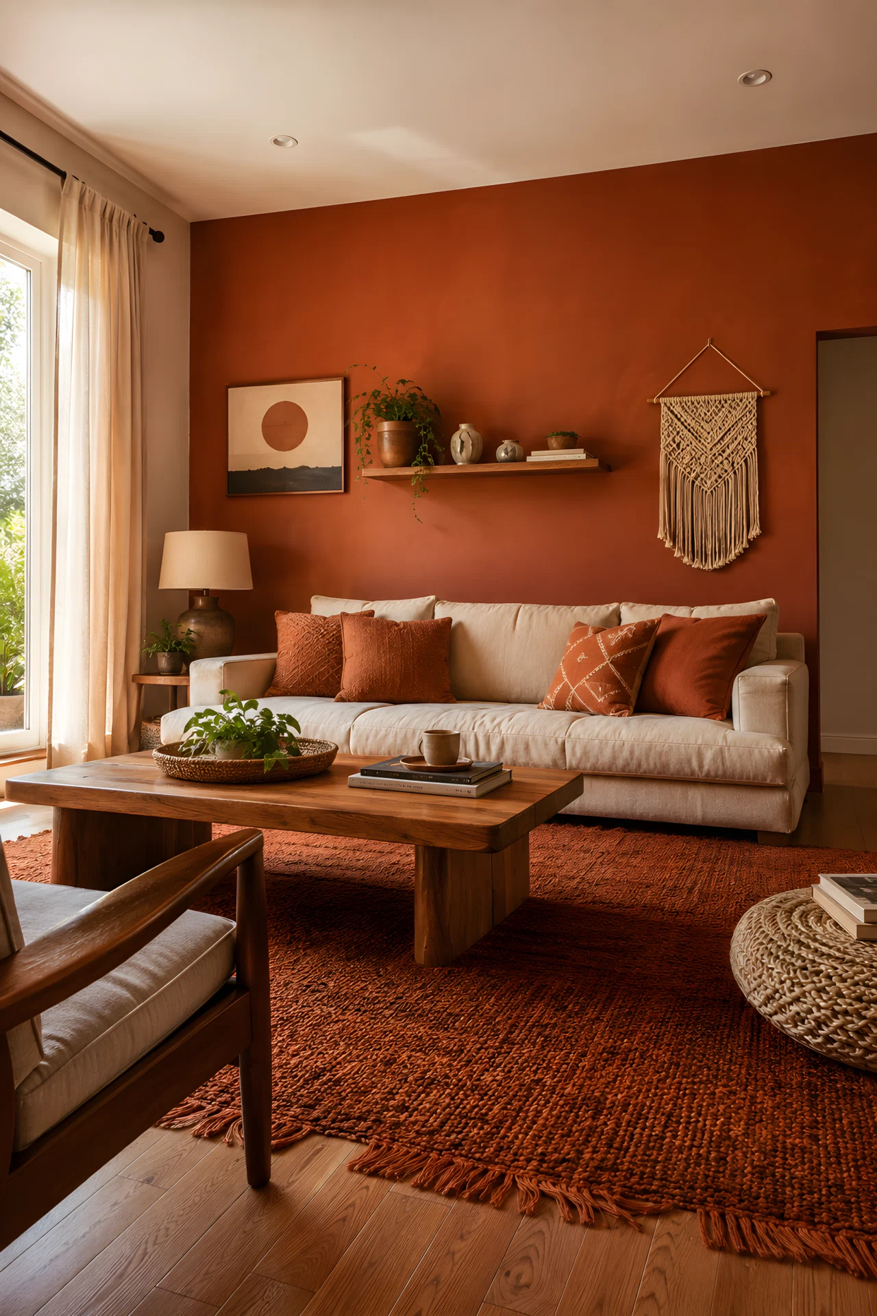 Wide-angle photograph of a living room, warm terracotta accent wall, honey-toned wooden coffee table, burnt orange textured rug, clay cushions on a linen sofa, neatly arranged, dramatic low camera angle capturing the full room, vibrant saturated warm tones, real stock-photography style, not 3D render.