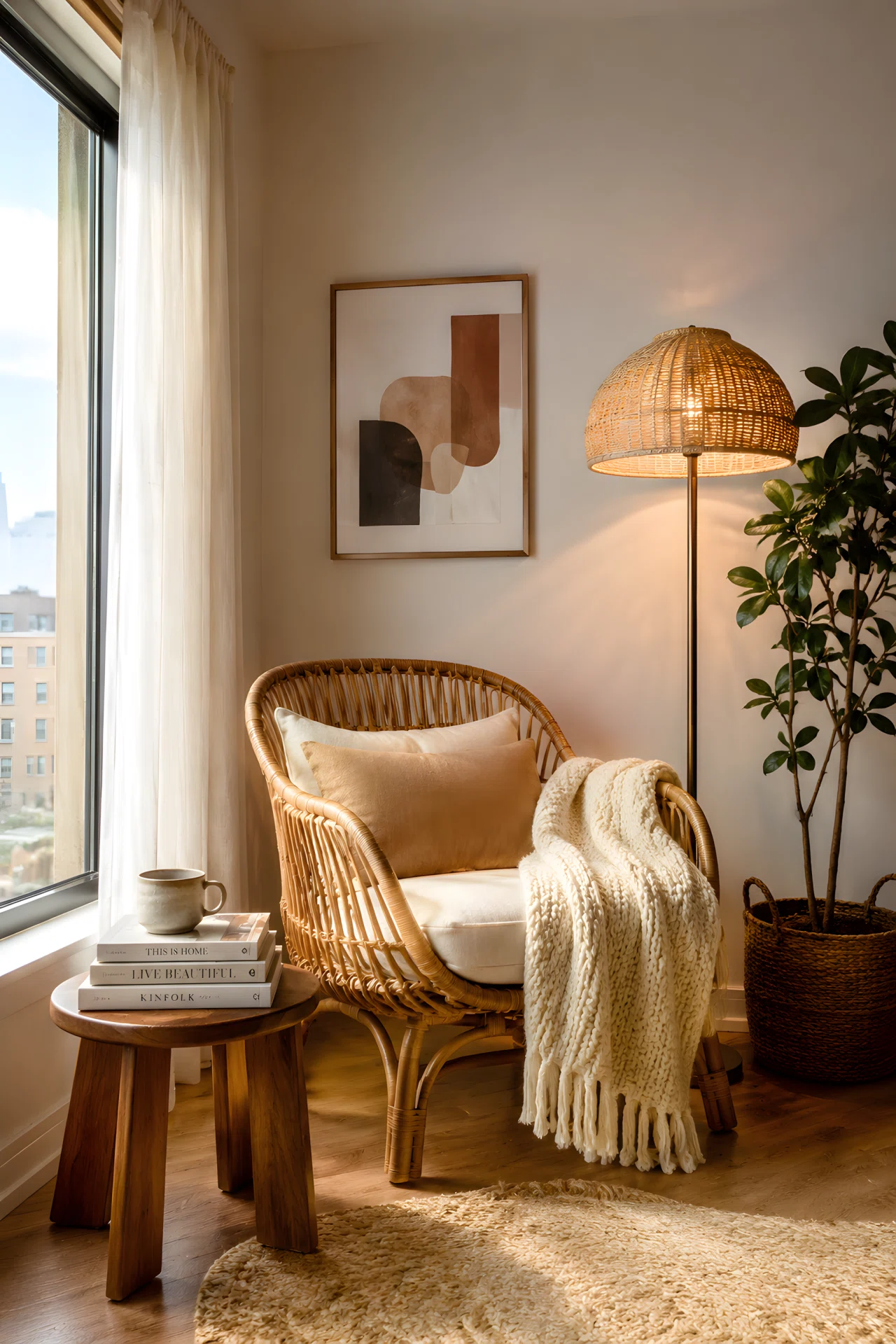 Wide-angle photograph of a cozy apartment corner, rattan lounge chair, woven-shade floor lamp, small wooden side table stacked with books, cream knit throw draped over the armrest, dramatic wide camera angle showing the full corner and window light, vibrant natural colors, realistic stock-photography style.