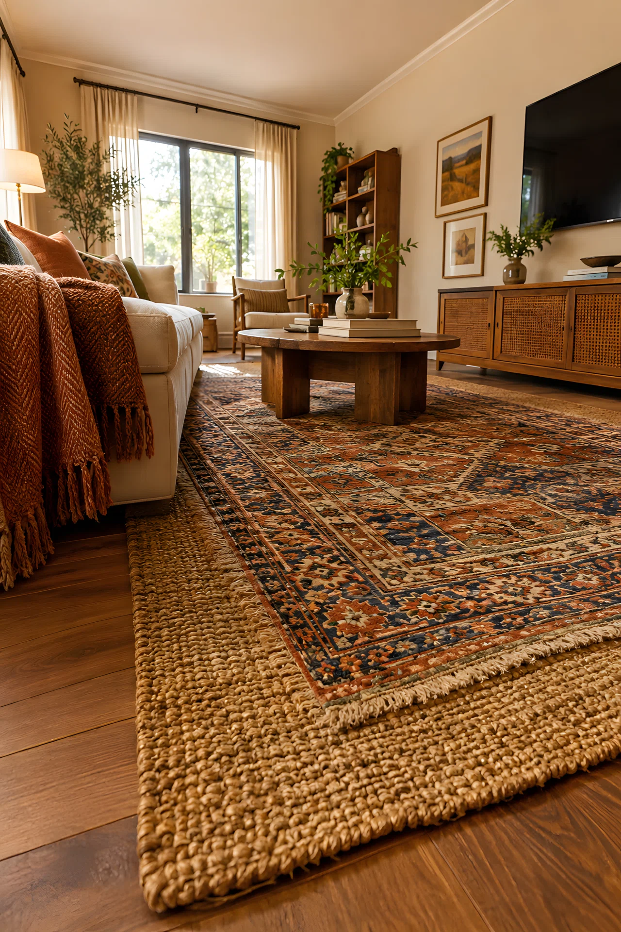 Wide-angle photograph of a living room floor, layered jute rug topped with a smaller Moroccan-patterned rug, matching throw blanket draped on a nearby sofa, neatly arranged, dramatic wide camera angle from a low corner, vibrant warm colors, authentic stock-photography style, no 3D render.