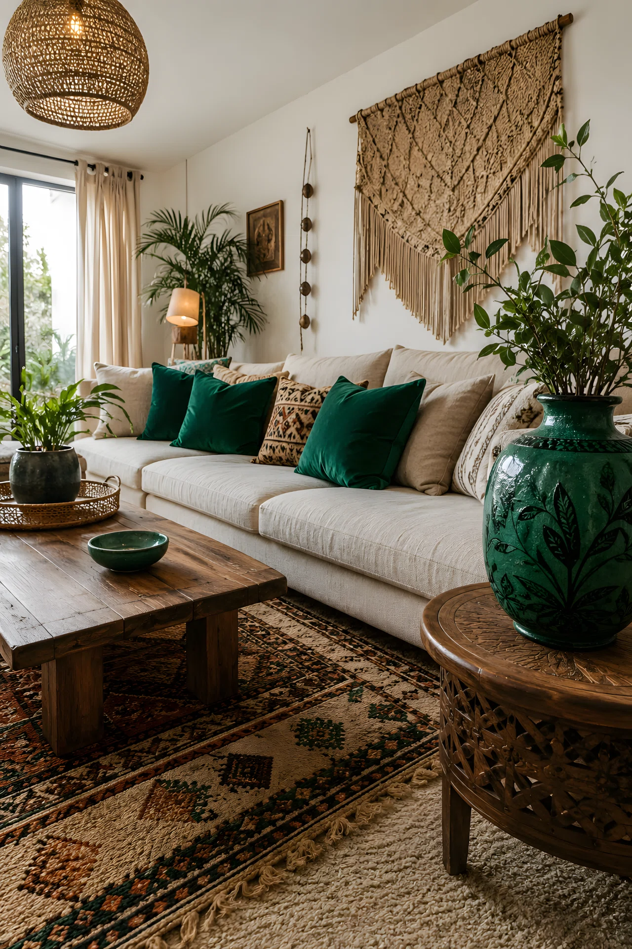 Wide-angle photograph of a boho living room, emerald green velvet cushion (RGB 6,95,70) on a neutral linen sofa, matching emerald hand-painted vase on a side table, small emerald ceramic bowl on the coffee table, dramatic wide camera angle capturing the whole seating area, vibrant saturated color pop, realistic stock-photography style.