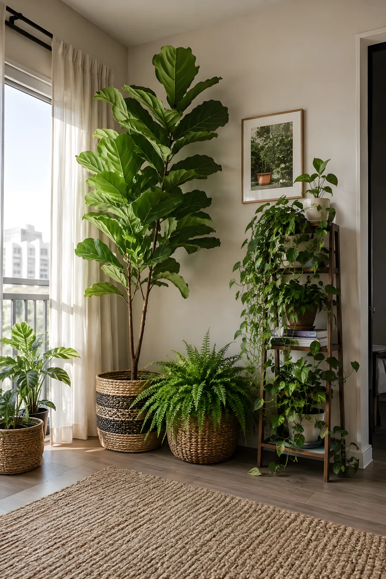 Wide-angle photograph of an empty apartment corner filled with layered greenery, tall fiddle leaf fig, trailing pothos on a plant stand, low fern in a mismatched woven basket, dramatic wide camera angle showing the full corner against natural light, vibrant green tones, realistic stock-photography style, not illustration.