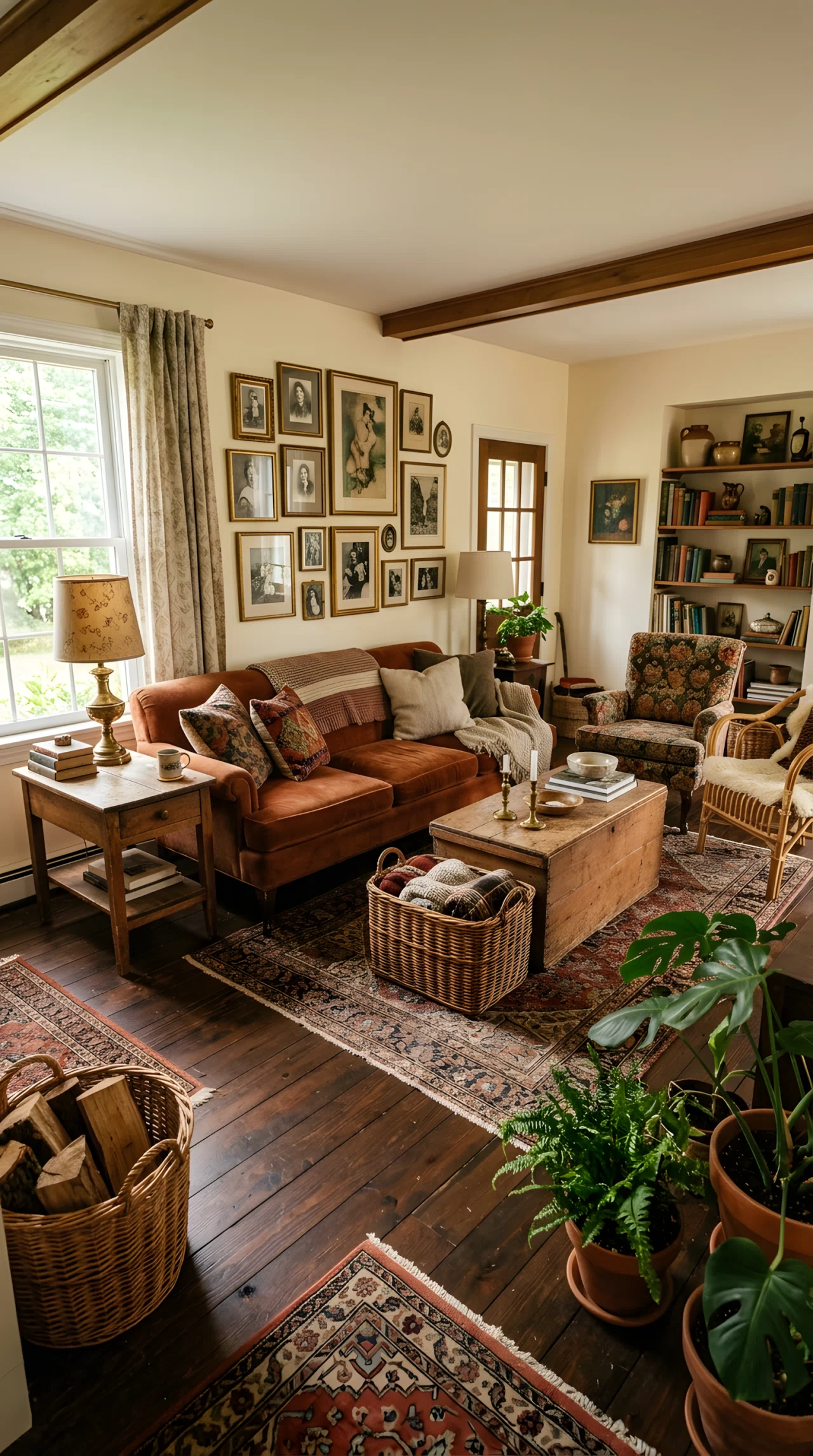 Wide-angle photograph of a living room styled with thrifted vintage decor, worn wooden side table, aged brass picture frames, wicker storage basket, mismatched vintage accents arranged together, dramatic wide camera angle capturing the full seating area, vibrant warm color palette, realistic stock-photography style, not 3D render.