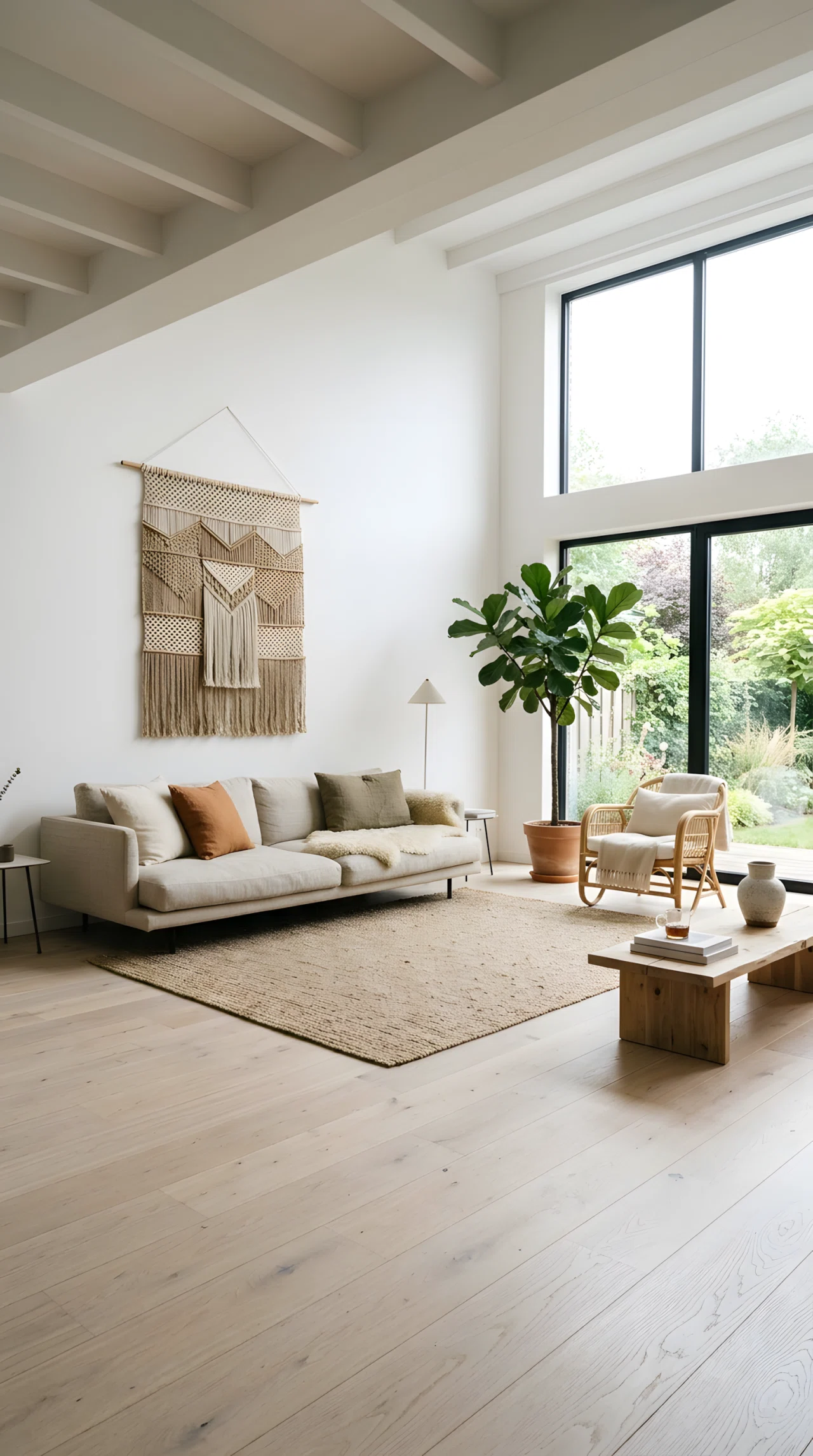 Wide-angle photograph of a living room blending Scandinavian and boho style, pale wood flooring, simple low-profile sofa, one woven wall hanging on an otherwise empty white wall, minimal furniture silhouettes, dramatic wide camera angle capturing open negative space, vibrant natural light tones, realistic stock-photography style.