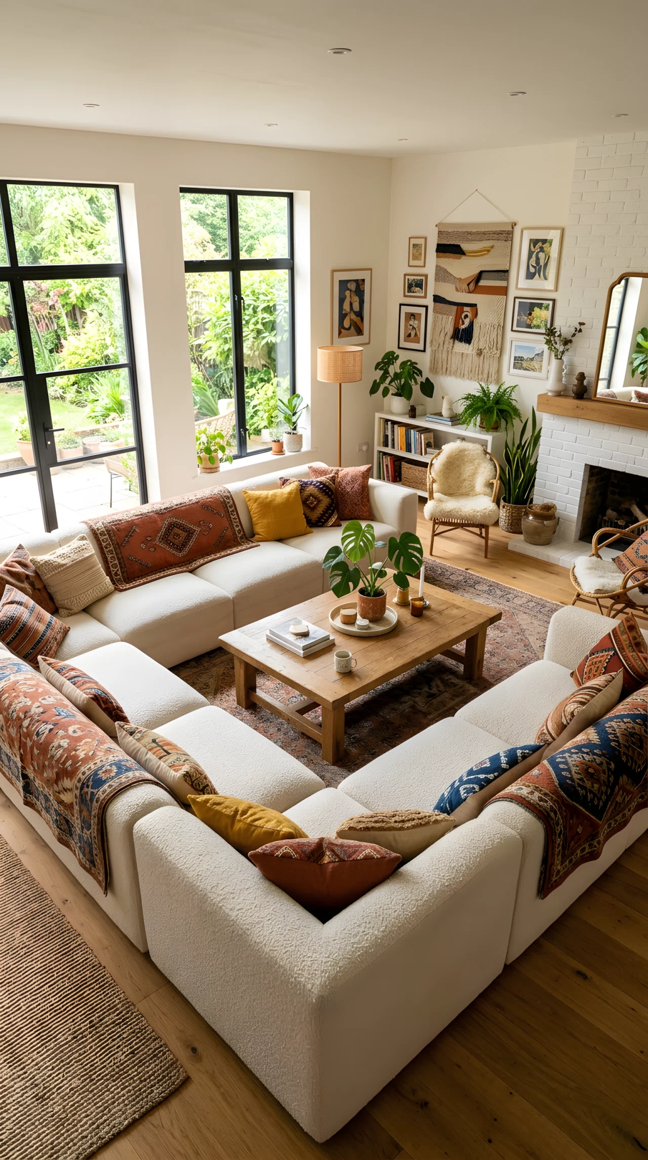 Wide-angle photograph of a living room with a modular sectional sofa arranged in an open U-shape, neutral boucle upholstery, layered boho patterned cushions on top, dramatic wide camera angle showing the full flexible layout, vibrant warm accent tones, realistic stock-photography style, not illustration.