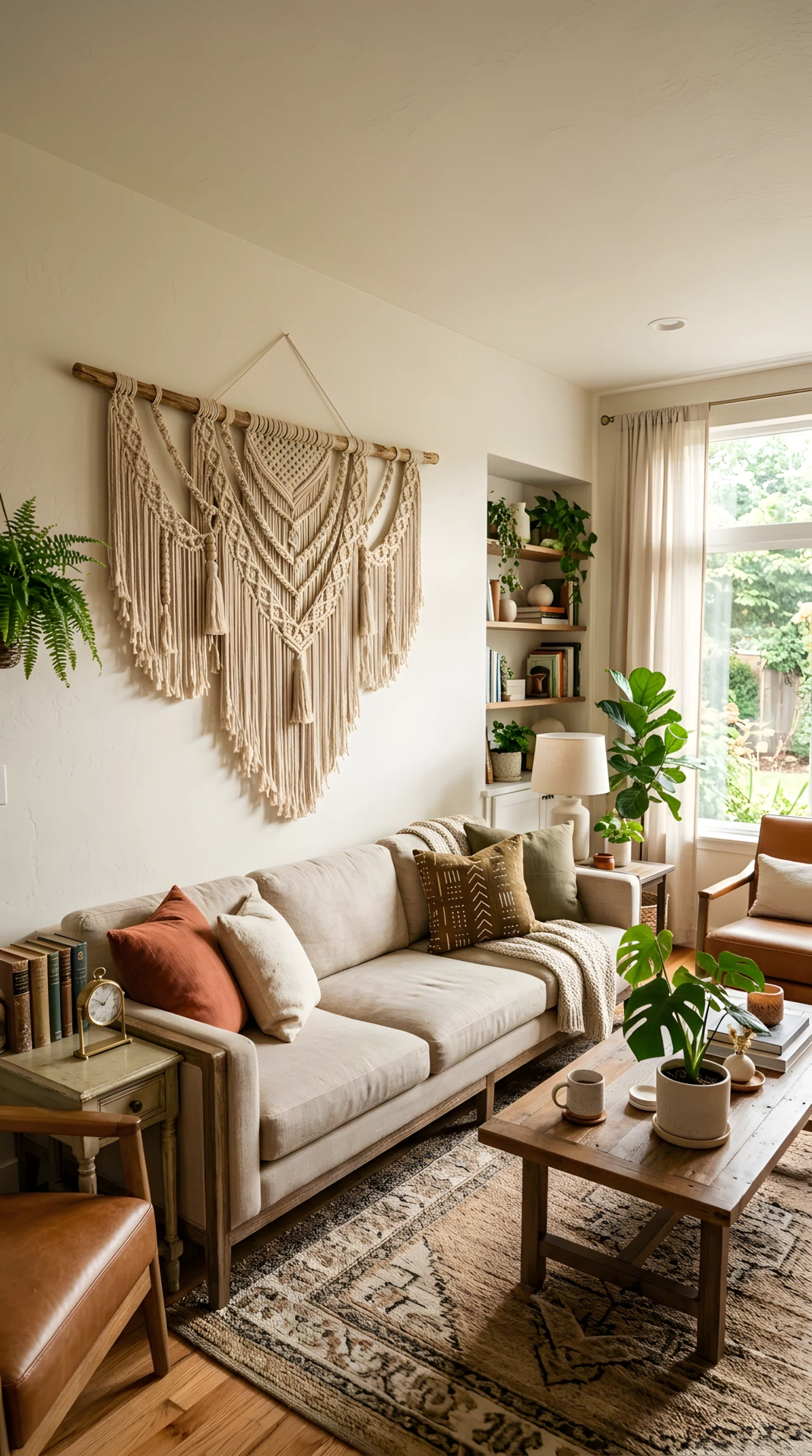 Wide-angle photograph of a living room, oversized macrame wall hanging positioned above a linen sofa at standing eye level, off-center placement, intricate knotted texture casting soft shadows, dramatic wide camera angle capturing the full seating wall, vibrant warm tones, realistic stock-photography style.