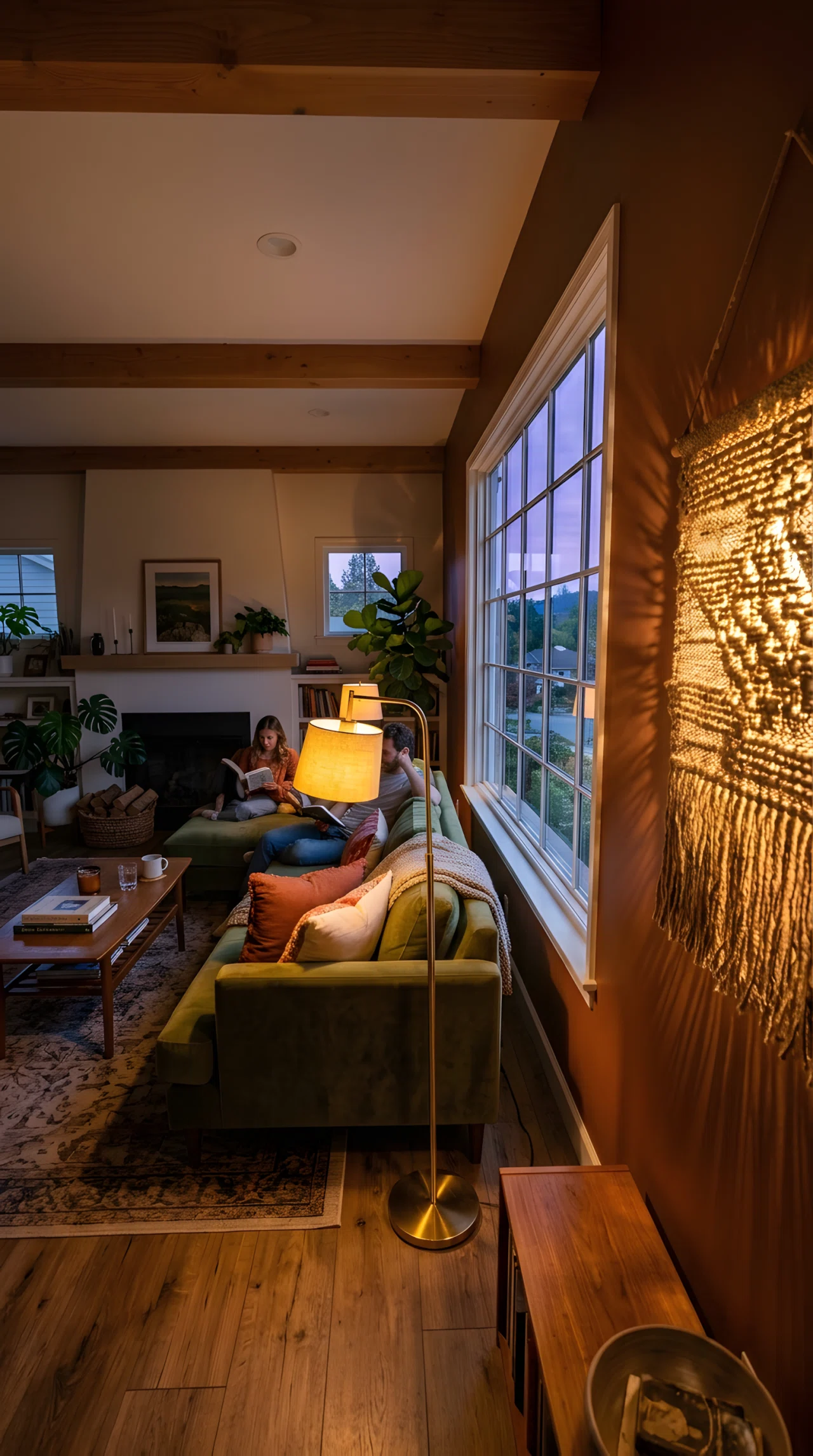 Wide-angle photograph of a living room at dusk, one low floor lamp placed at seating height beside a sofa casting warm golden light, a second small light positioned behind a textured woven object casting a soft shadow on the wall, dramatic wide camera angle, vibrant warm glow, realistic stock-photography style.