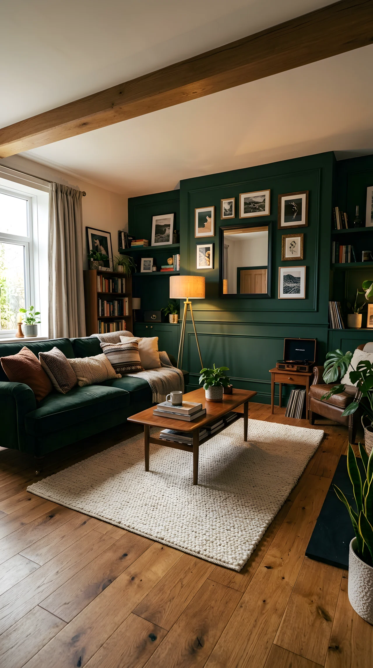 Wide-angle photograph of a moody living room, deep forest green accent wall, brass floor lamp at eye level, warm wood furniture, cream off-white rug underfoot, woven textured cushions, dramatic wide camera angle capturing the full room, vibrant deep saturated tones, realistic stock-photography style, not 3D render.